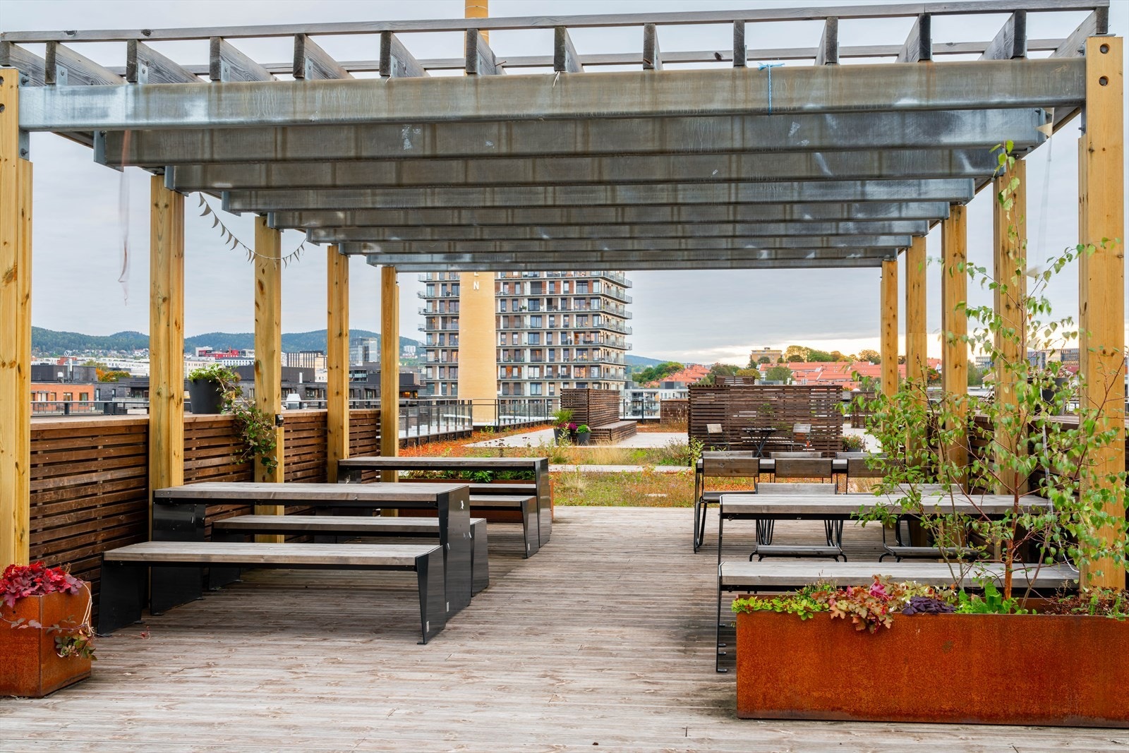 Takterrassen byr på mange sittegrupper, solstoler og frodige planter. Galleribilde