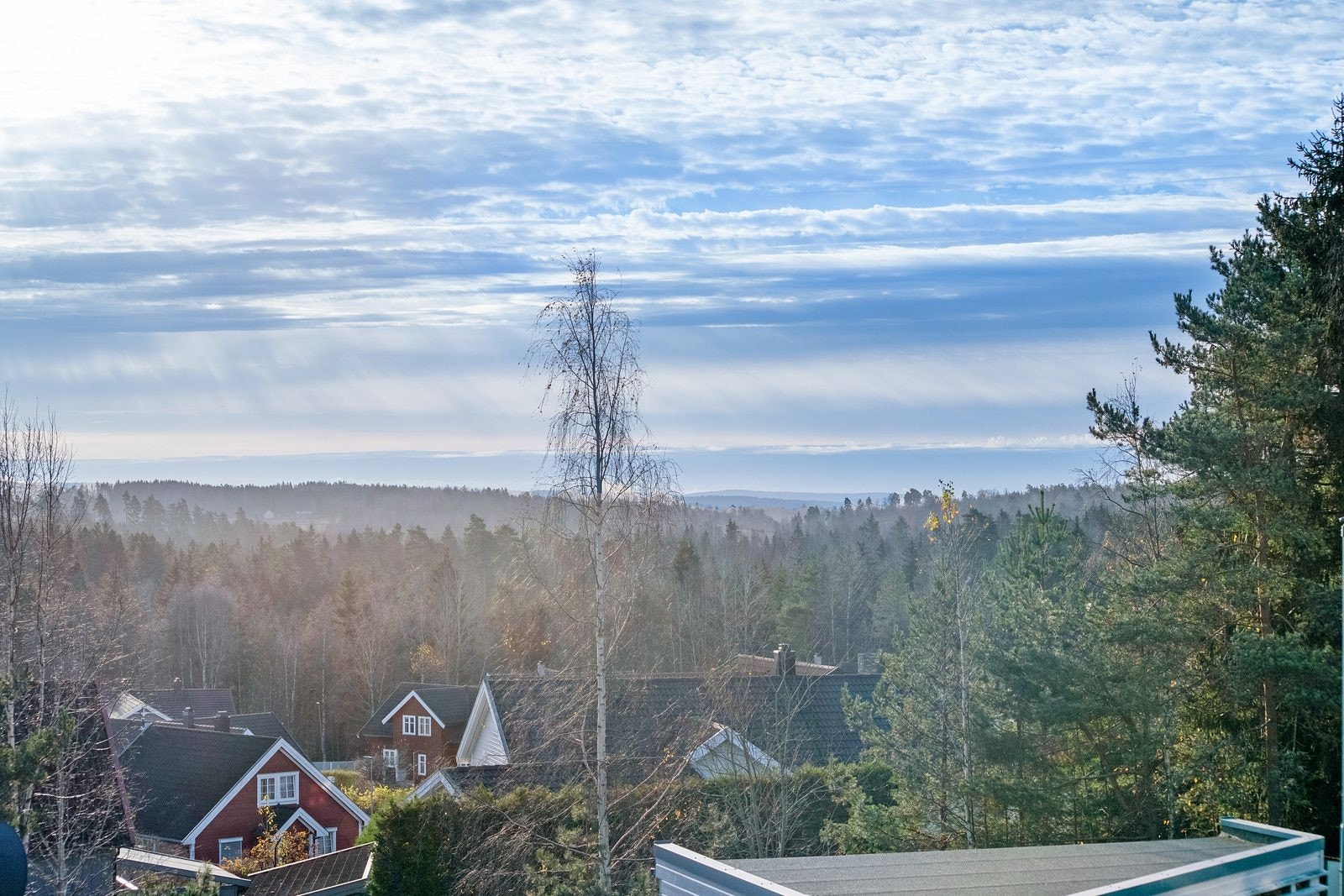 Fra leiligheten er det utsikt over nærområdet og de omkringliggende skogsområdene. Galleribilde