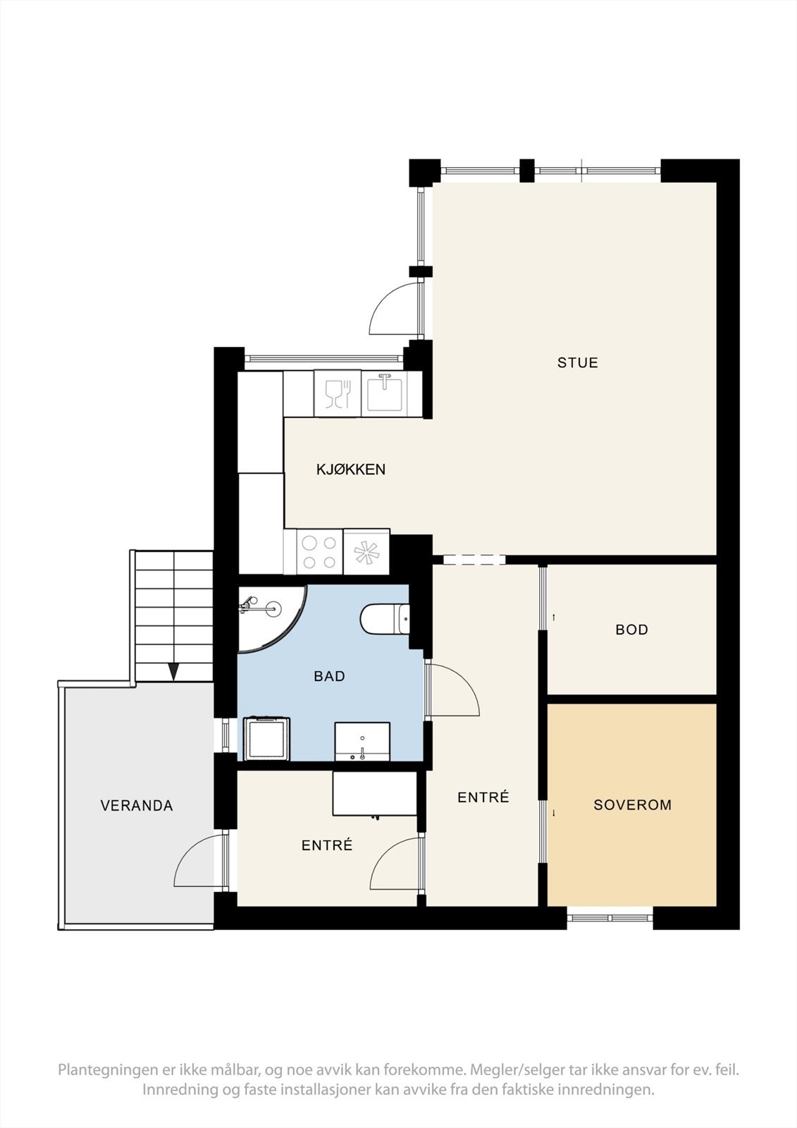 Leiligheten har en arealeffektiv planløsning på 50 m² med ett soverom, intern bod og to uteplasser. Galleribilde