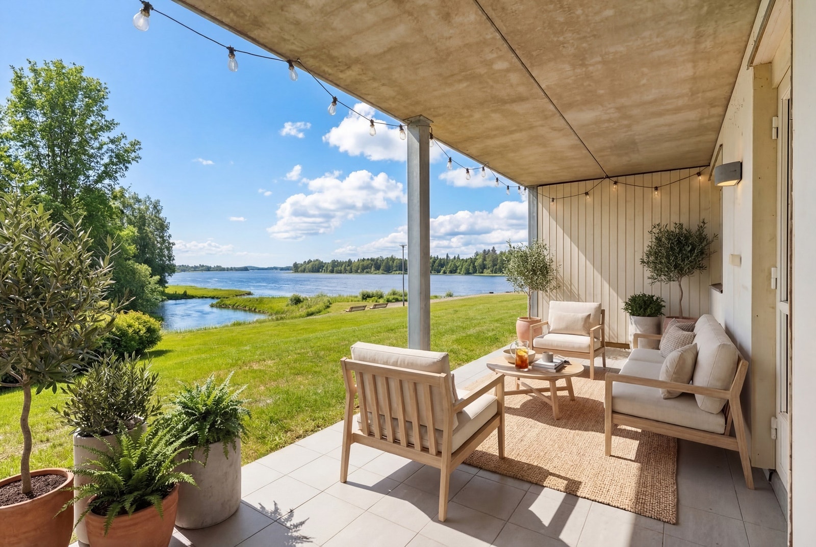 Romslig og overbygget markterrasse med god plass til sittegruppe. En lun og trivelig uteplass med direkte utgang fra stuen, perfekt for lange kvelder. Galleribilde