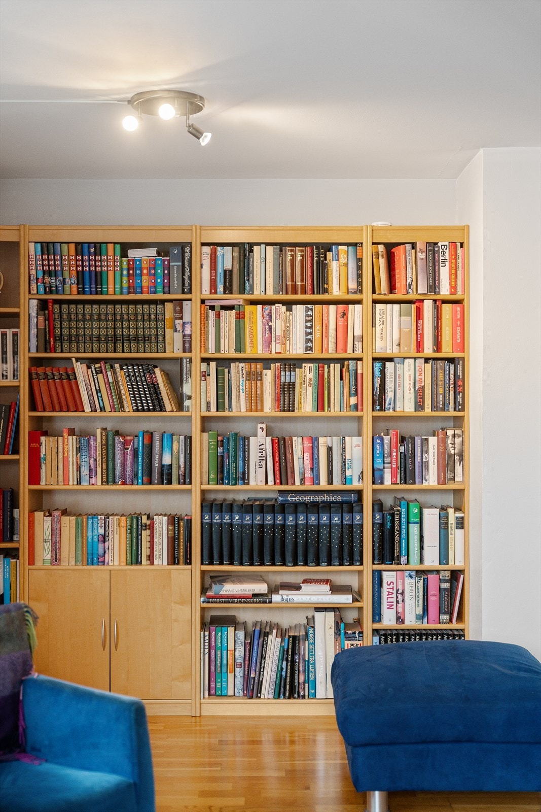 Plassbygde bokhyller gir rikelig med oppbevaringsplass og karakter til rommet. Galleribilde