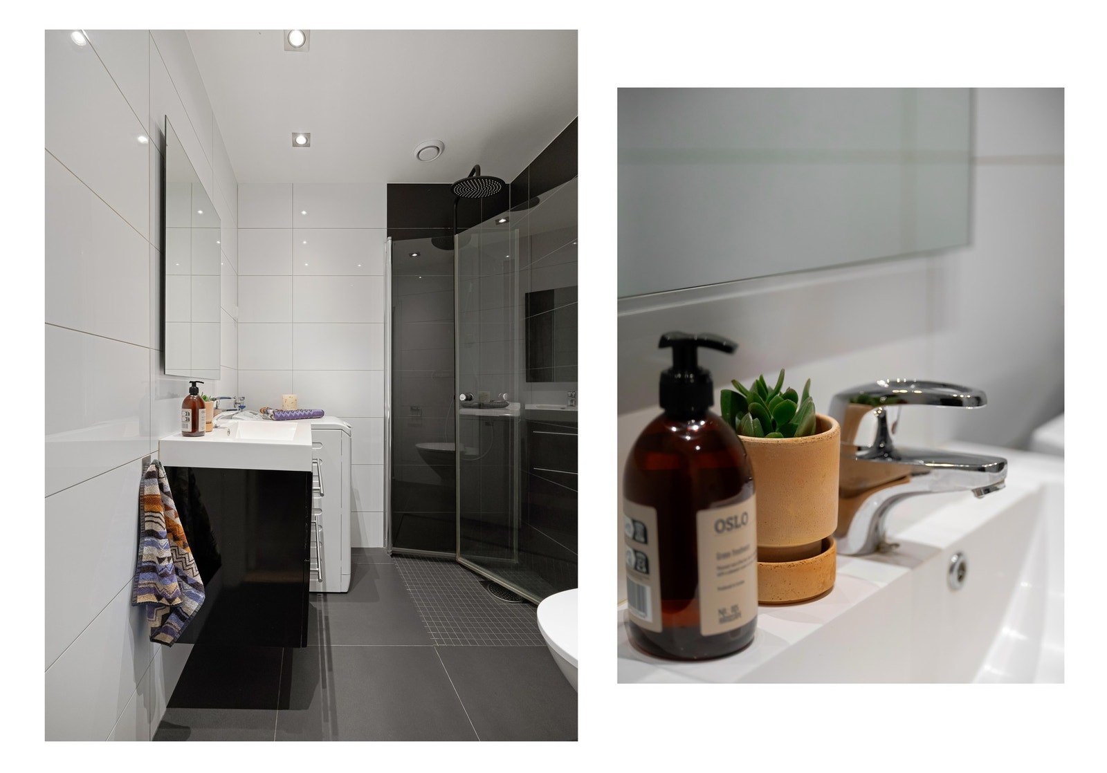 Det er dimbare downlights i tak, og plass til vaskemaskin av smalere variant på badet. Galleribilde