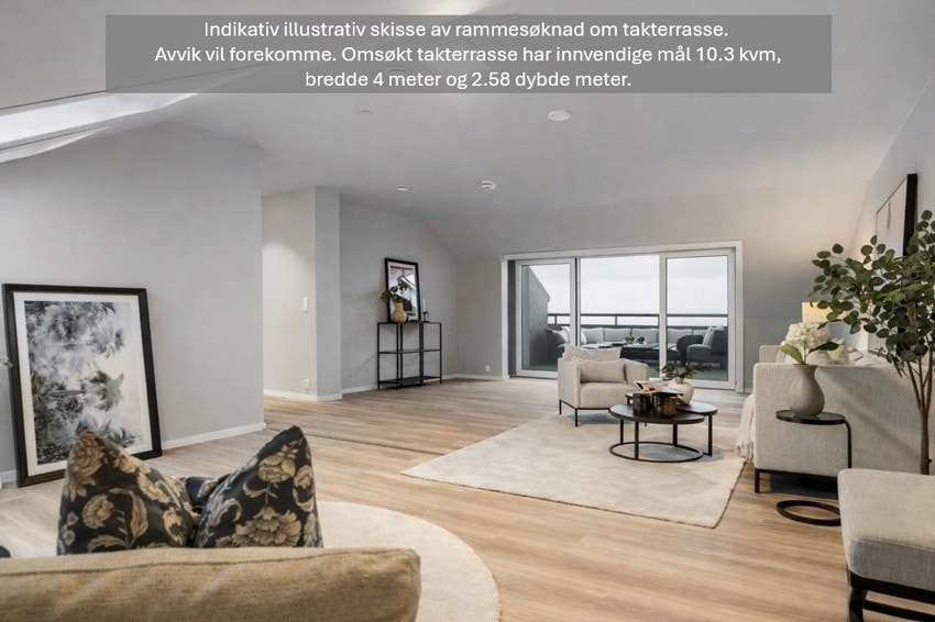 Det er nå gitt tillatelse til tiltak oppføring av en terrasse/takterrasse. Illustrasjonen er laget av KI og er for å vise potensiale i en slik løsning. Utsyn er også ikke korrekt Galleribilde