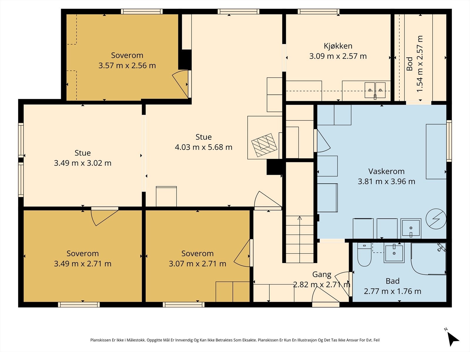 Plantegning underetasje. Det gjøres oppmerksom på at de to ytterste soverommene, samt ytterste stuedel ikke er en del av godkjente tegninger. Galleribilde