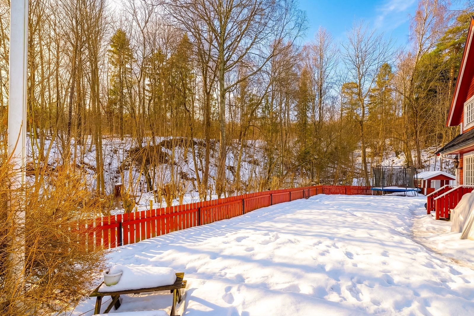 Hage. Gjerdet mot friarealet ligger utenfor den faktiske tomtegrensen, og hagen oppleves derfor større enn det registrerte arealet Galleribilde