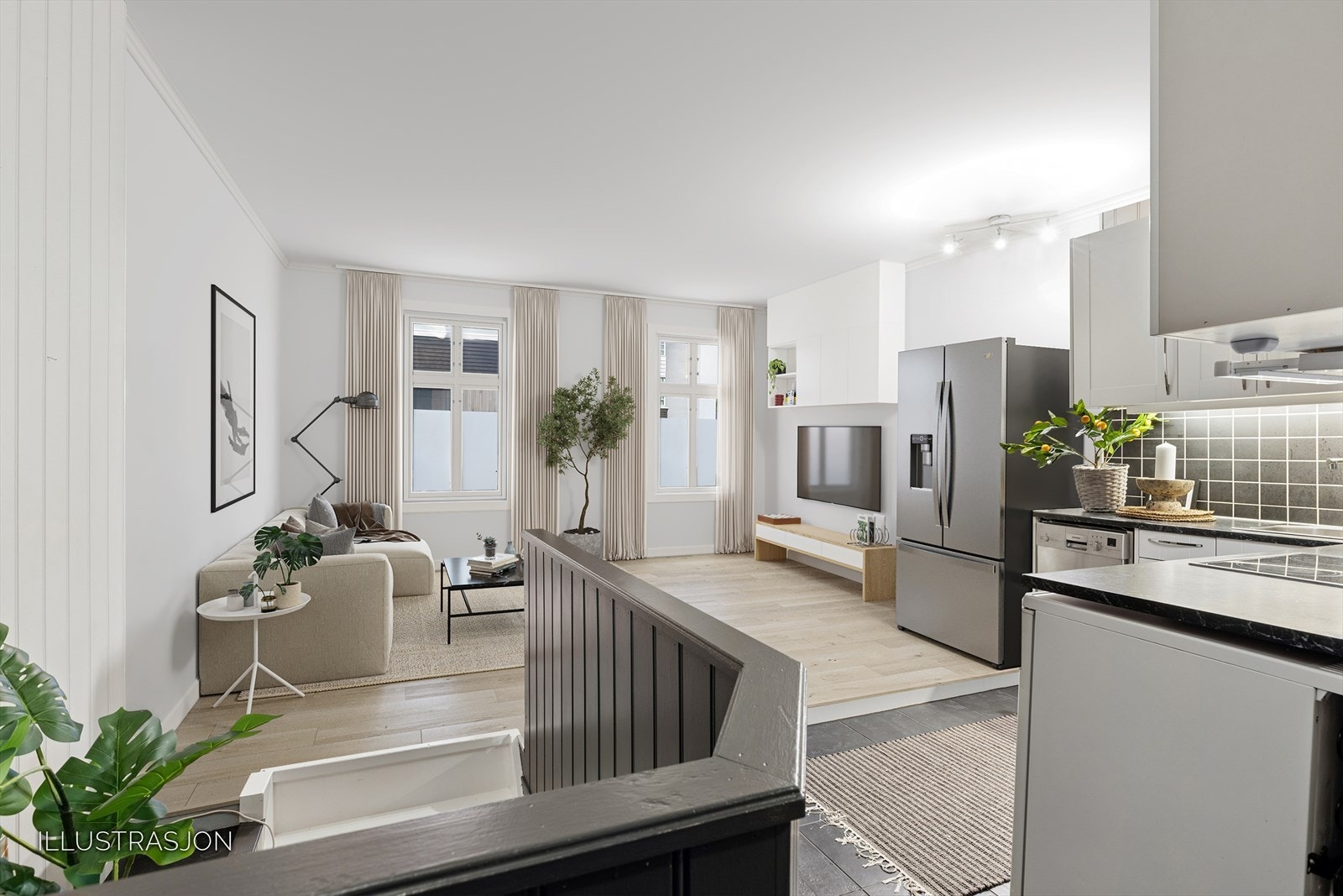 Illustrasjon hvordan leiligheten kan bli med stue og åpen kjøkkenløsning Galleribilde