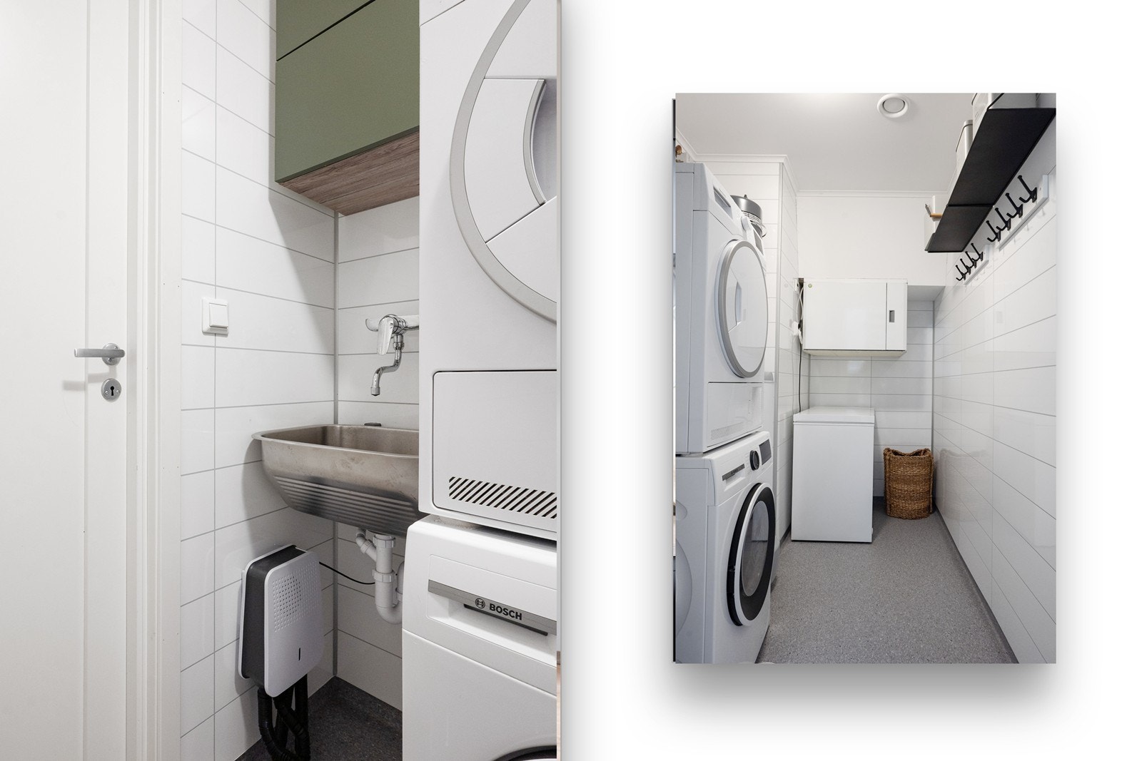 Vaskerommet er utstyrt med utslagsvask, røropplegg for vaskemaskin og tørketrommel, skotørker, hyller og knagger. Galleribilde