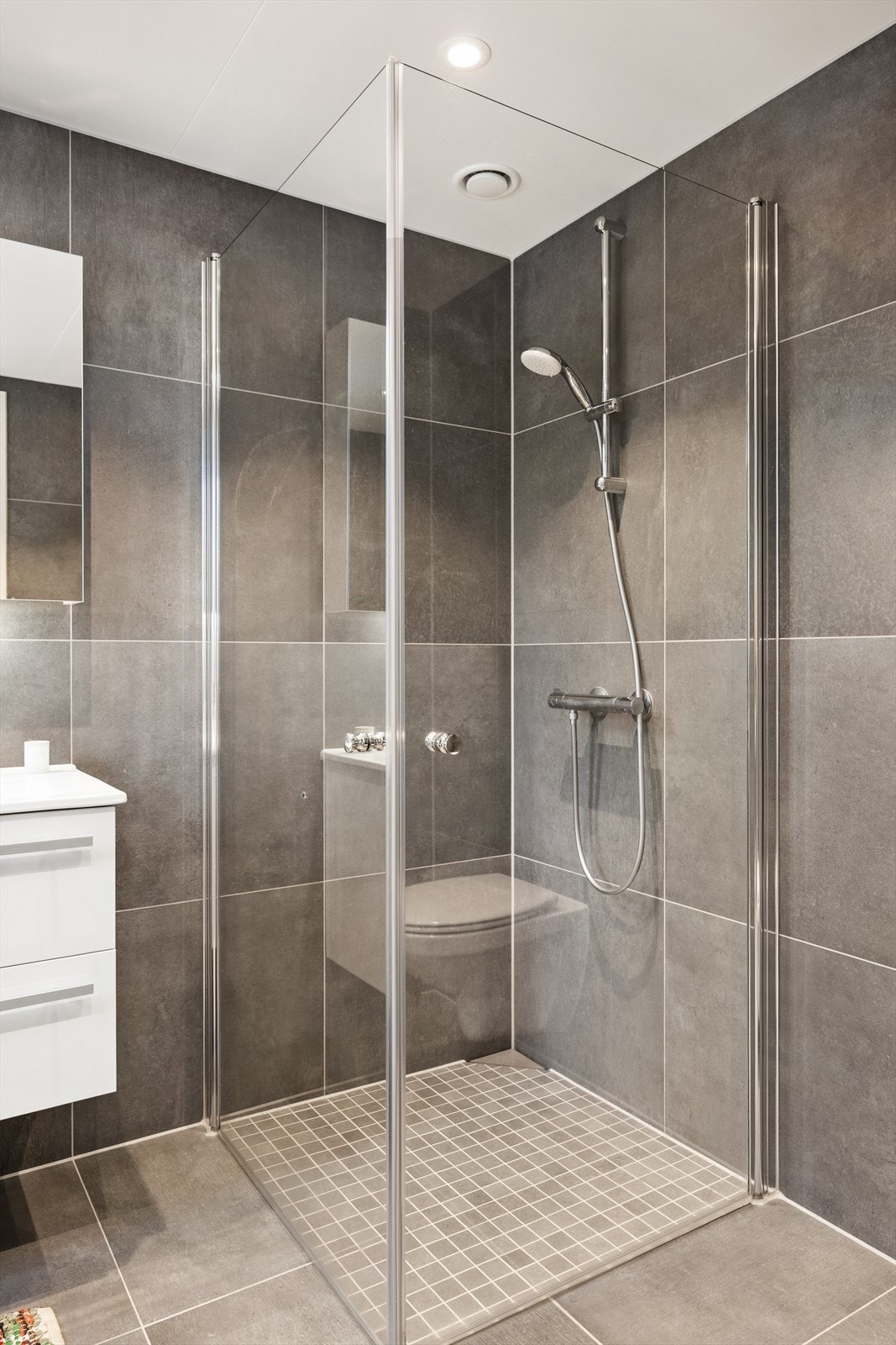 Begge bad har dusjhjørne med innsvingbare dører og nedsenket gulv. Galleribilde