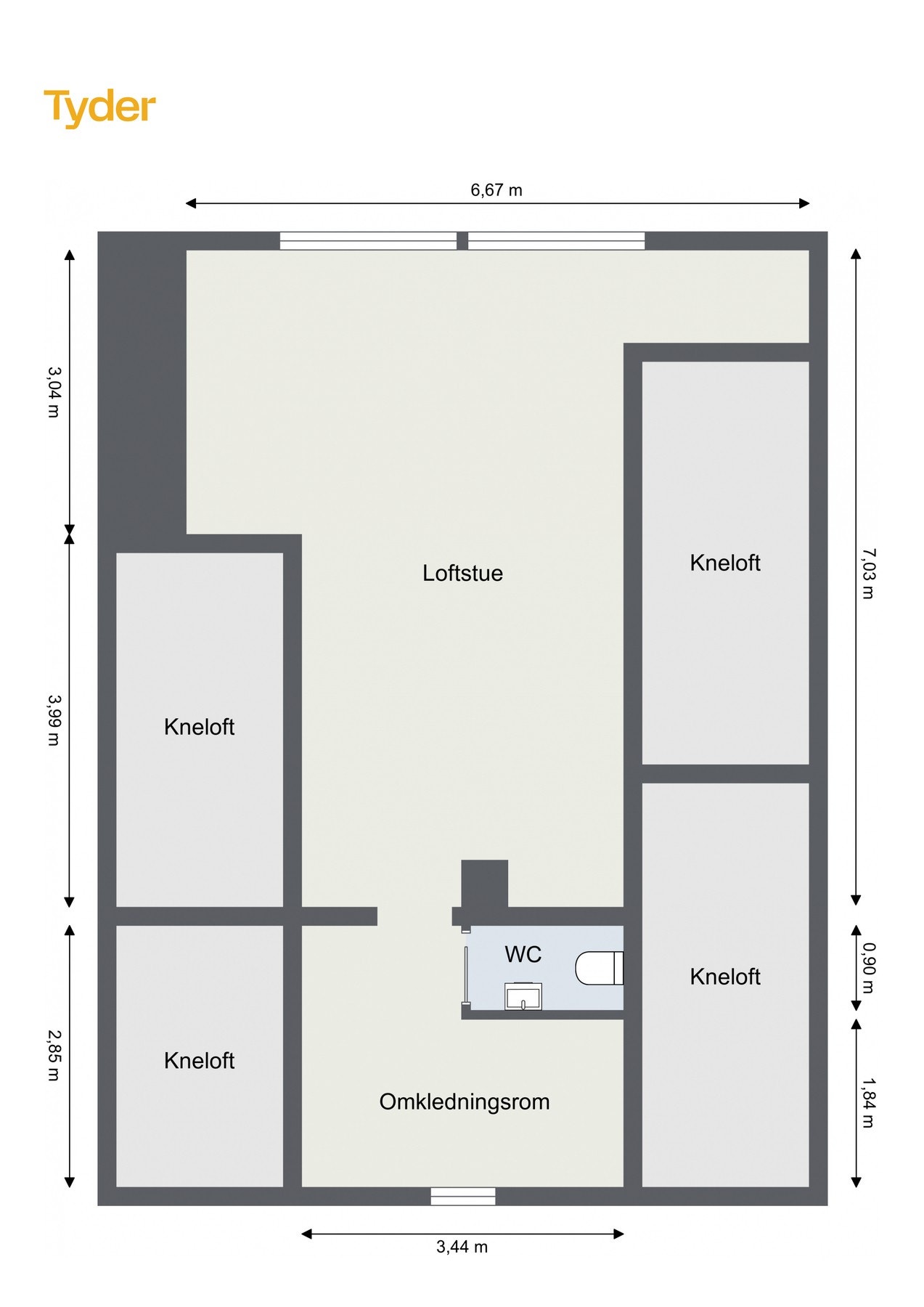 Plantegning loftsetasje. Merk: Loftet er ikke byggemeldt som oppholdsrom og er sannsynligvis registrert som uinnredet loft, dvs. ikke godkjent for varig opphold. Galleribilde