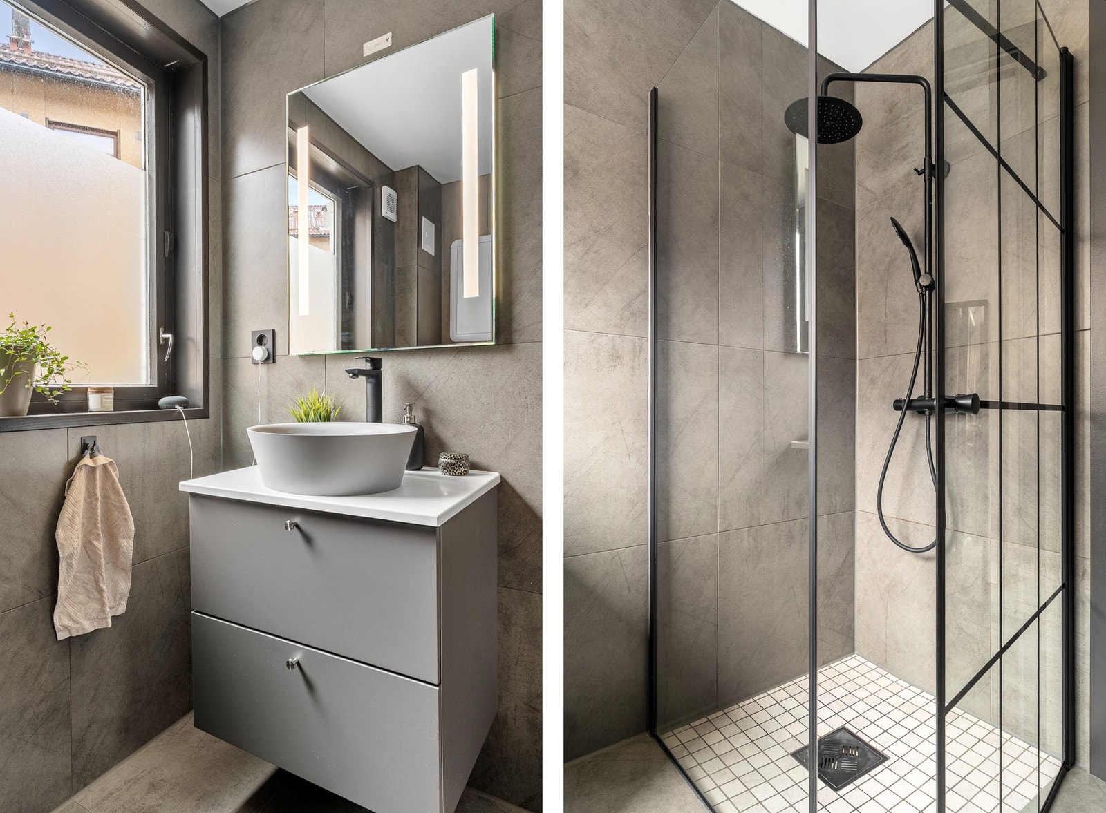 Det er innredet med vegghengt toalett, dusj med glassvegger og baderomsinnredning. Galleribilde