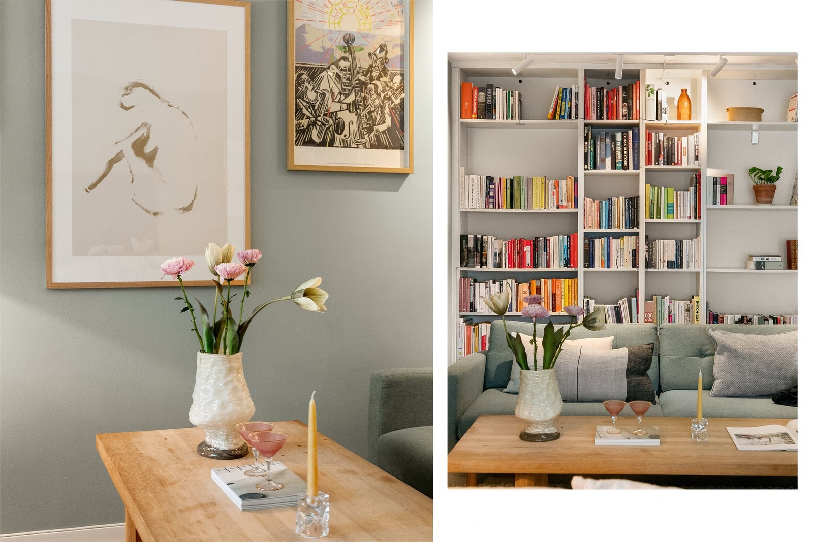 Stuen har flotte detaljer med innebygde hyller! Galleribilde