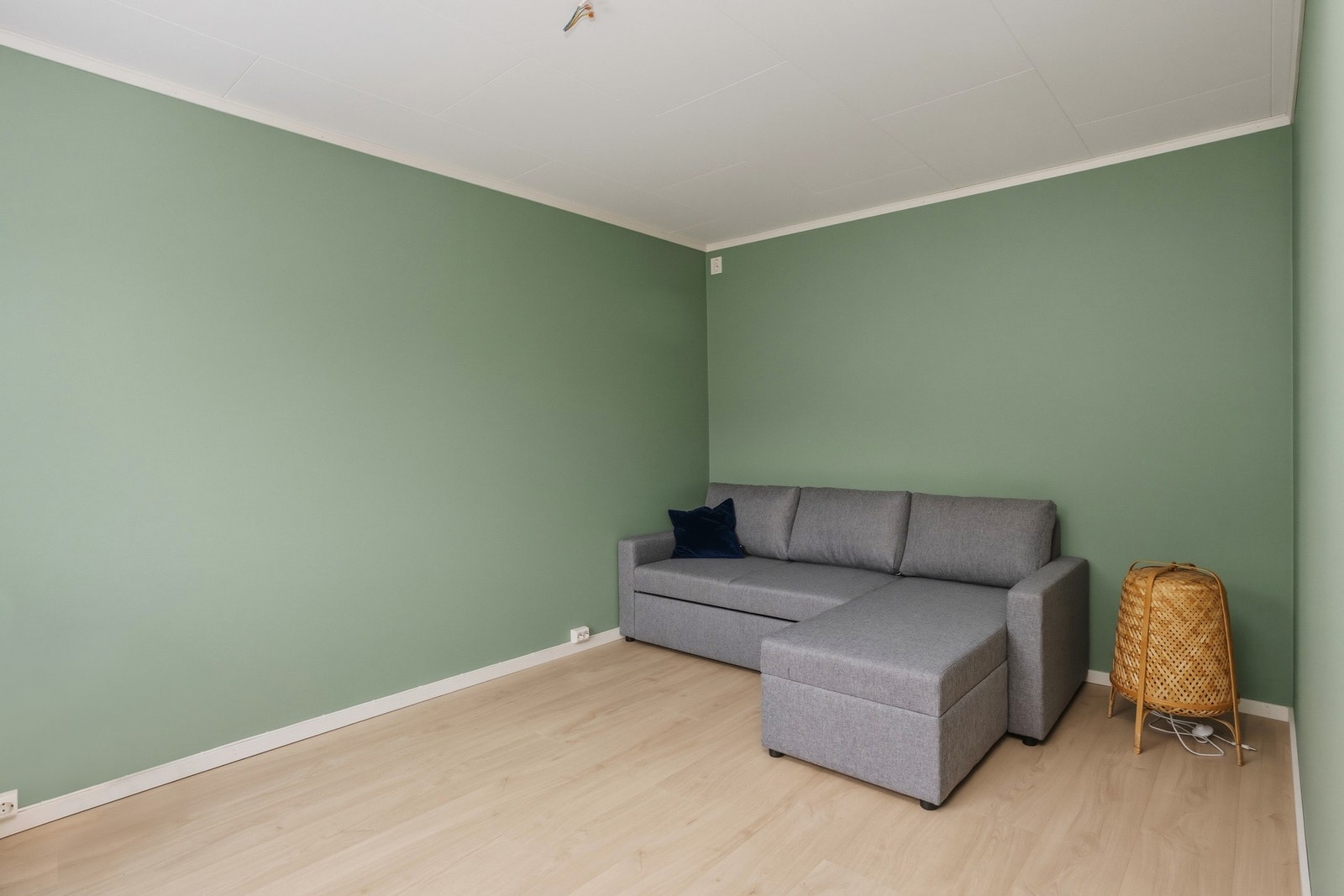 Romslig soverom med 1-stavs laminatgulv, slette veggflater og takplater i himling Galleribilde