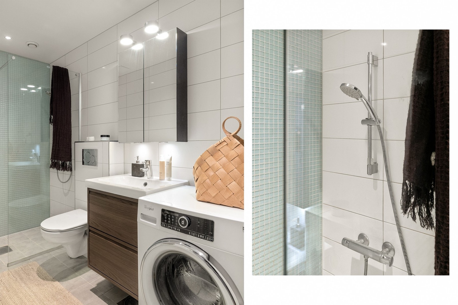 Baderommet har termostatstyrte varmekabler i gulv, downlights i himling, samt opplegg for vaskemaskin og tørketrommel. Galleribilde