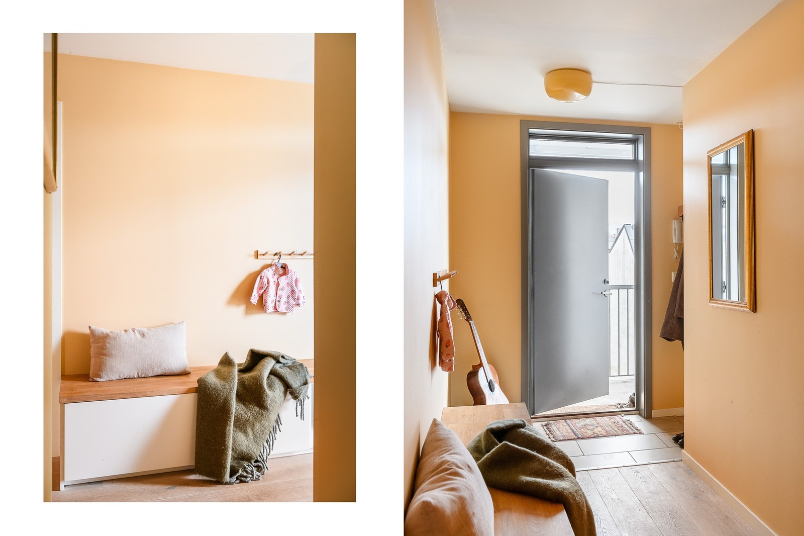 Praktisk entré med flislagt gulv. Adkomst til leiligheten via heis og felles svalgang. Galleribilde