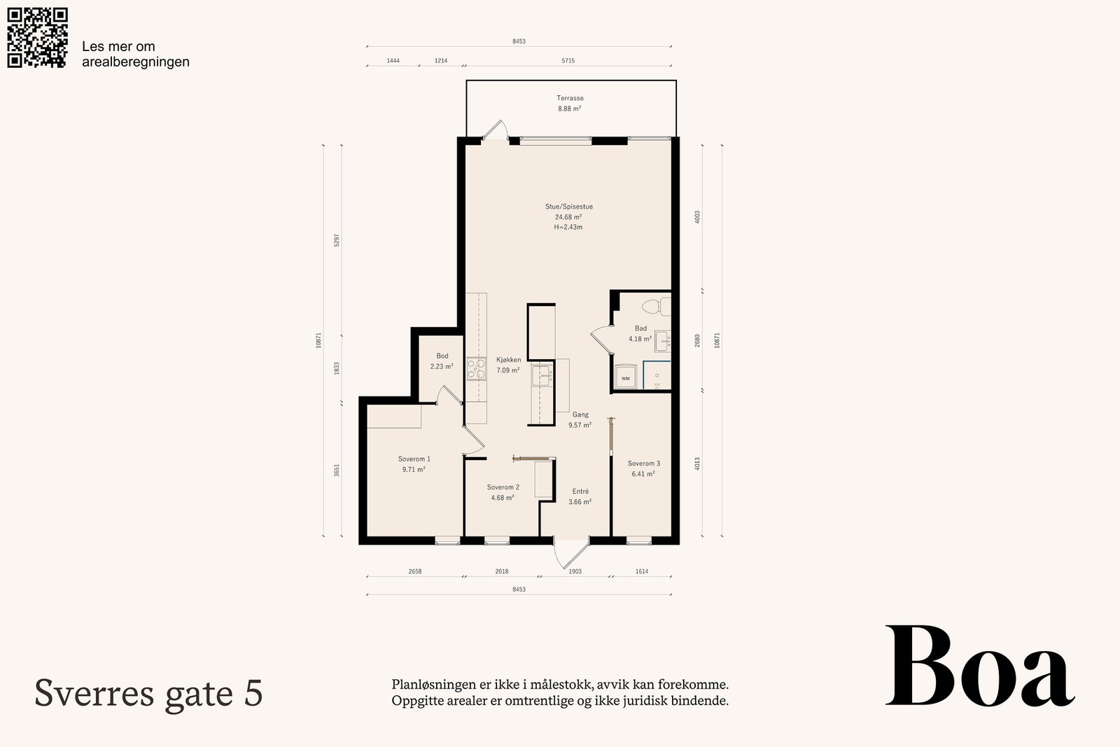Leiligheten har en arealeffektiv planløsning på 75 kvm med tre soverom og en åpen stue- og kjøkkenløsning. Galleribilde