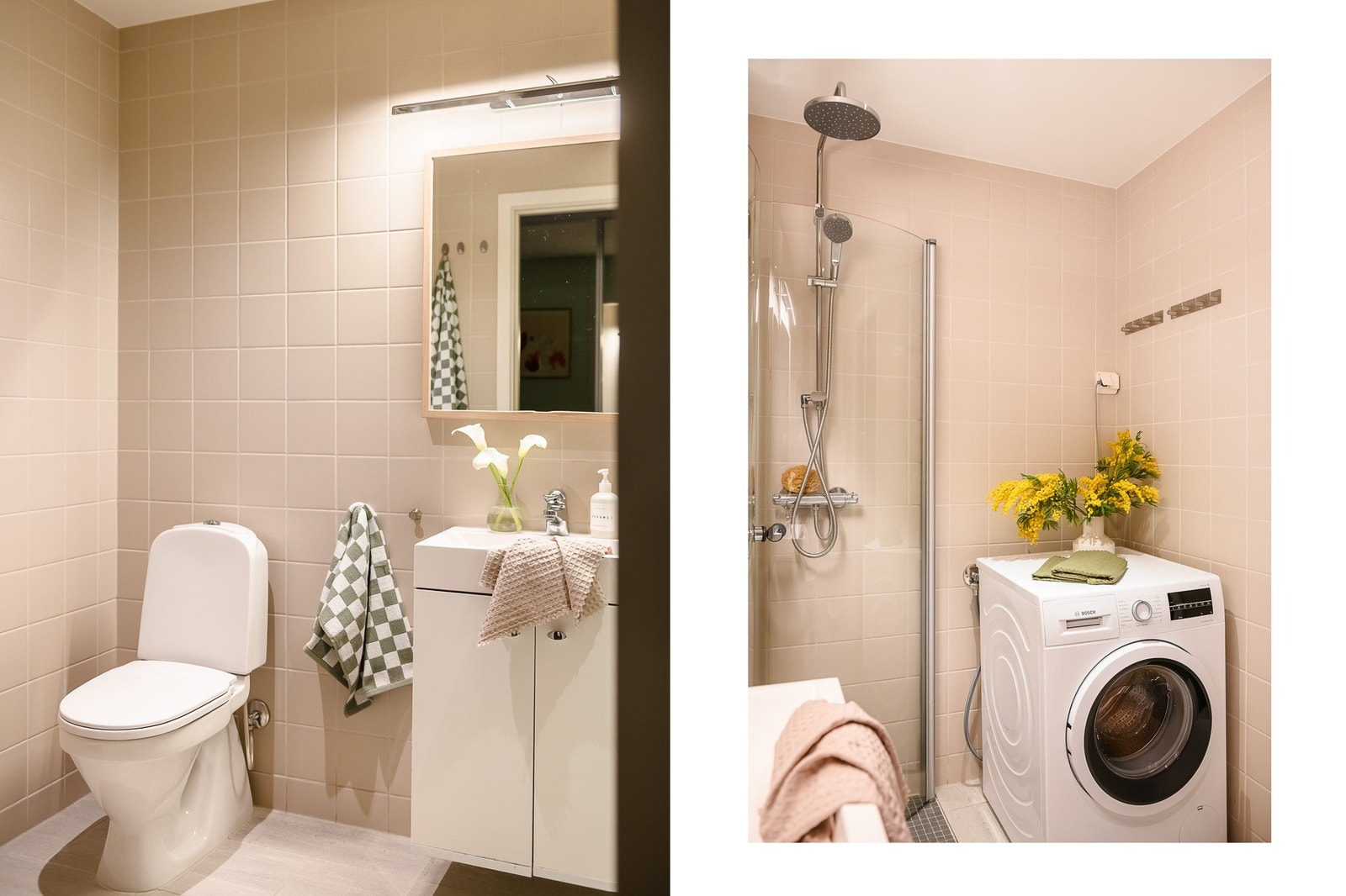 Badet er utstyrt med dusjhjørne med innfellbare glassvegger og har opplegg for vaskemaskin. Galleribilde