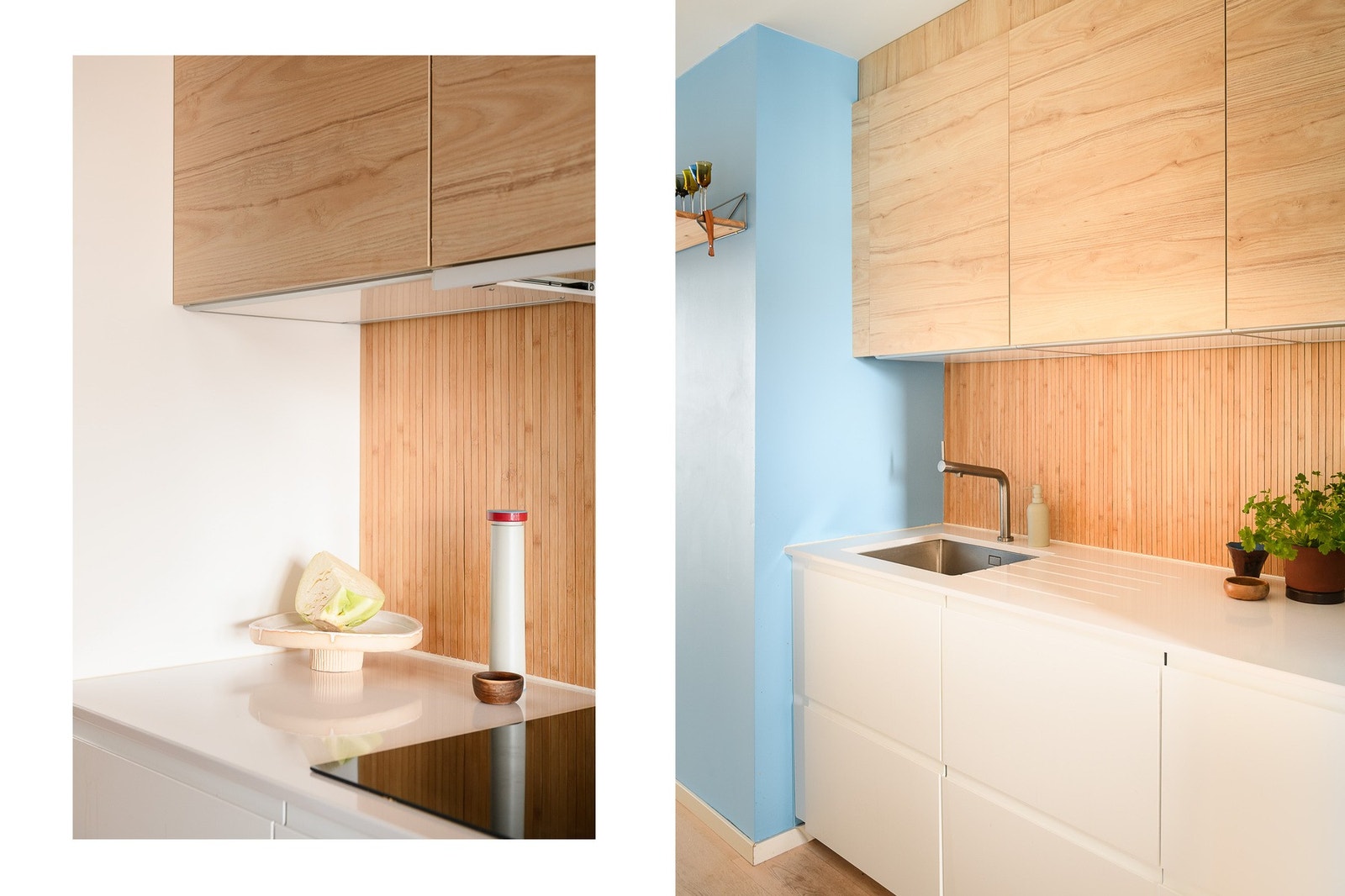 Gjennomtenkte materialvalg med bambusplater mellom benk og overskap, og underlimt vask i børstet stål. Galleribilde