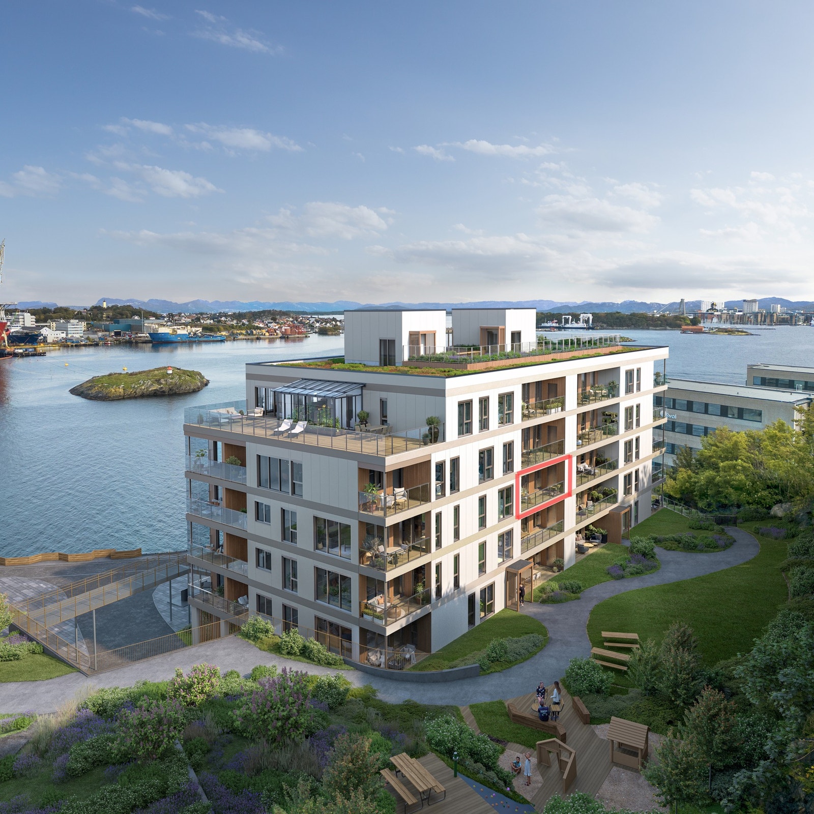 Her kan du trekke deg tilbake mot det grønne, eller åpne opp mot sjø og utsyn. To balkonger gir en fleksibilitet som merkes i hverdagen. Galleribilde