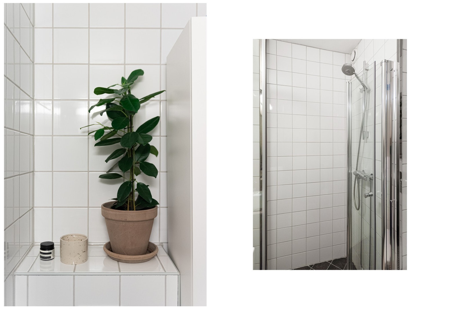 Videre innholder baderommet baderomsinnredning med glatte, folierte fronter med heldekkende servant, speilskap med lysarmatur på vegg over servant, veggmontert toalett, samt
dusjhjørne med foldedører i glass, sluk i dusjsone og termostatstyrt blandebatter Galleribilde