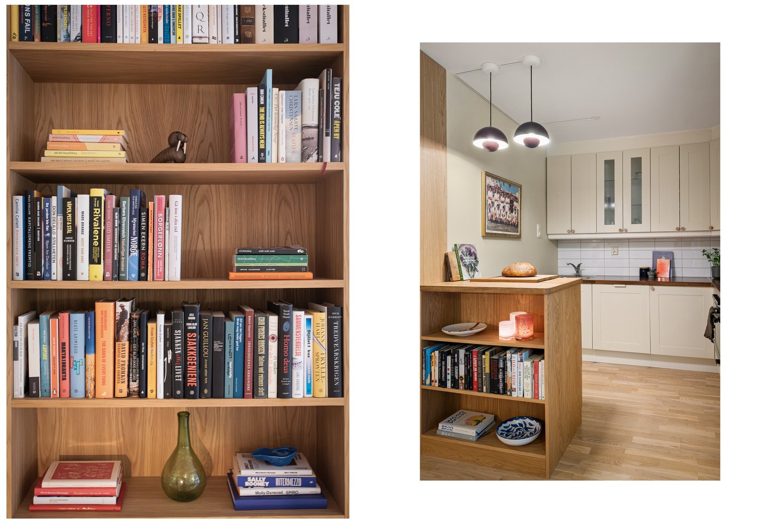 Møbelsnekkeret bokhylle kombinert med kjøkkenøy bygget i 2025. Galleribilde