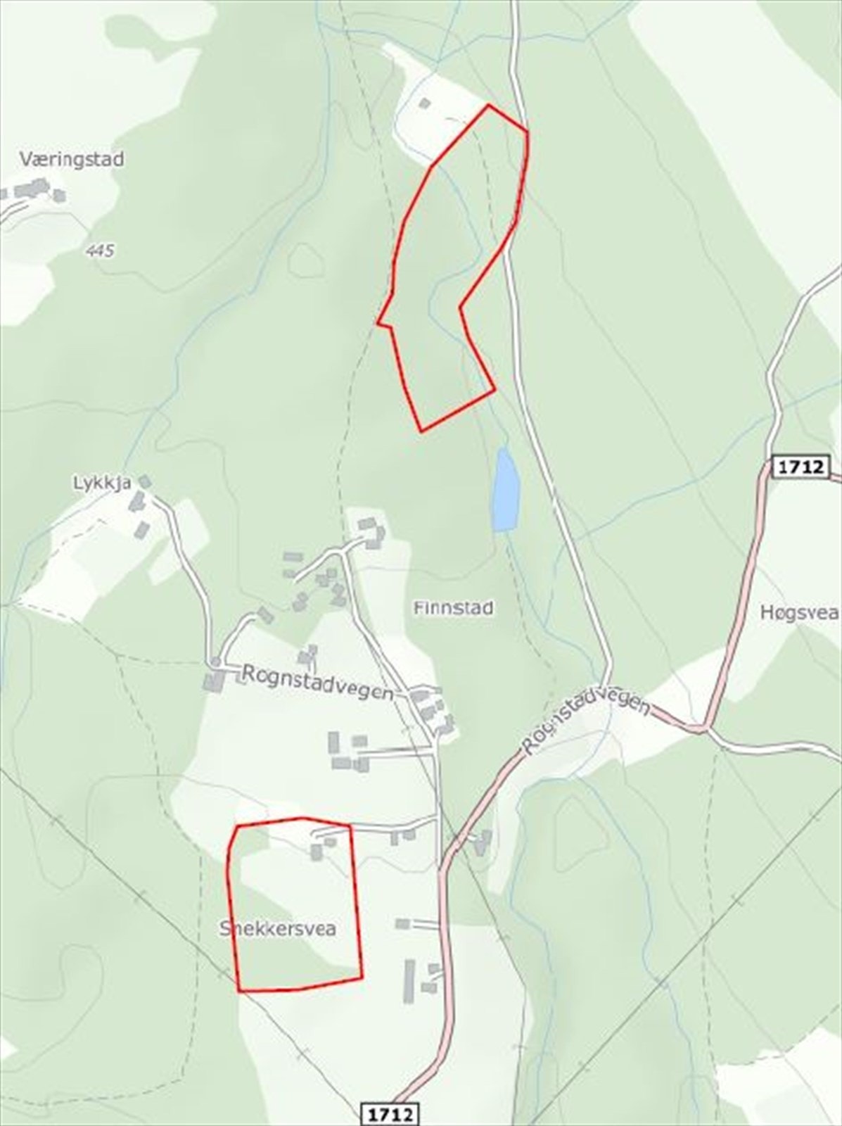 Kartutsnitt av Snekkersvea. Eiendommen er inndelt i 2 teiger. Skogsteig (uthogget) øverst på kartet. Tun med omkringliggende areal nederst. Galleribilde
