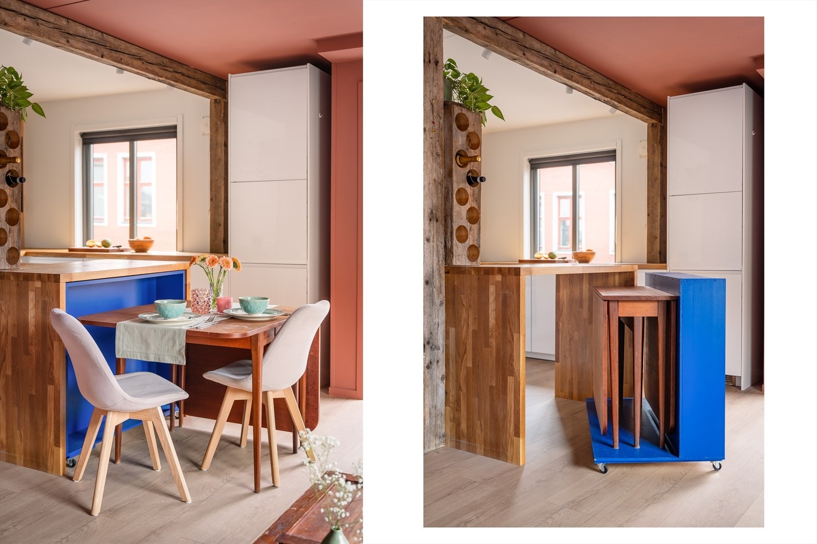 Spisebord kan enkelt skjules under baren, slik at du kan tilpasse rommet etter gjestene. Galleribilde