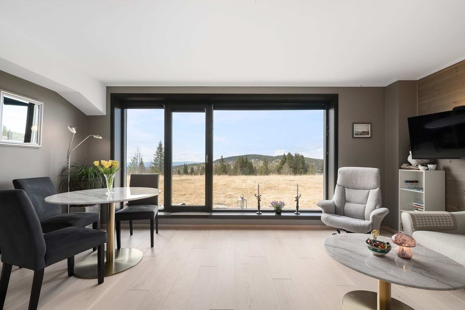 Lysforholdene bidrar til en god romfølelse. Hyggelig utsikt gjennom vinduene. Galleribilde