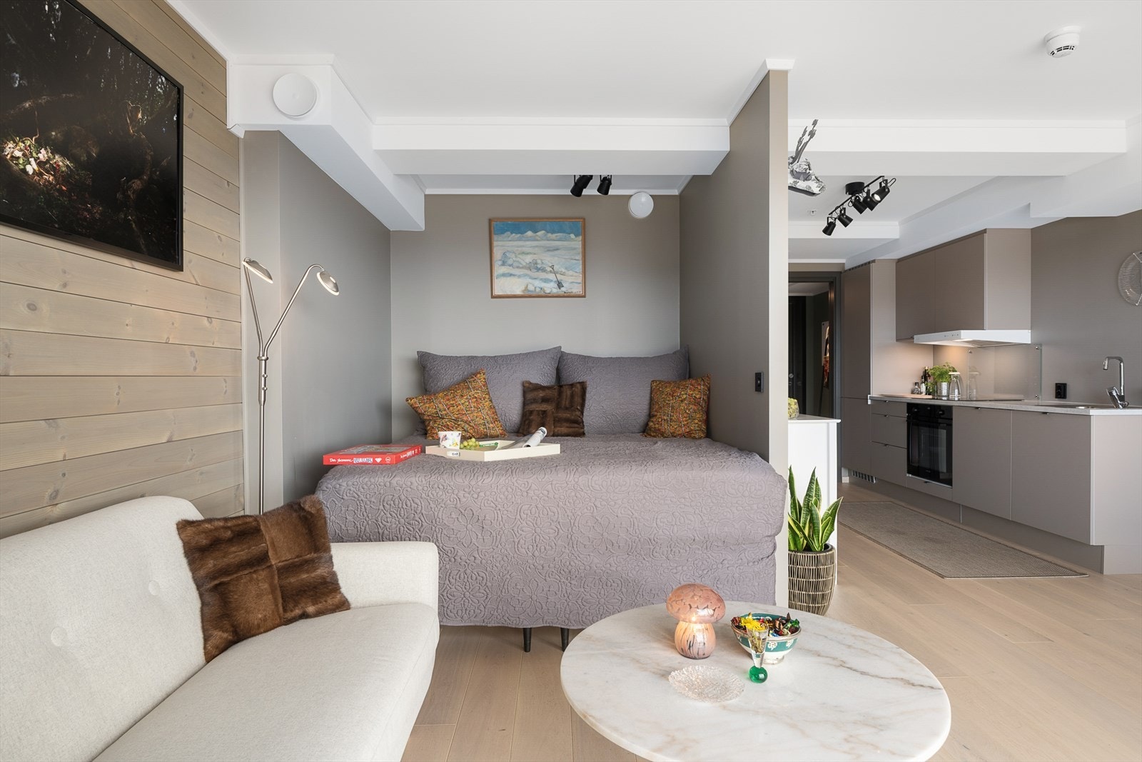 Det er plass til sofa/sittemøbler foran sovealkoven. Denne kan også fint fungere som daybed. Galleribilde