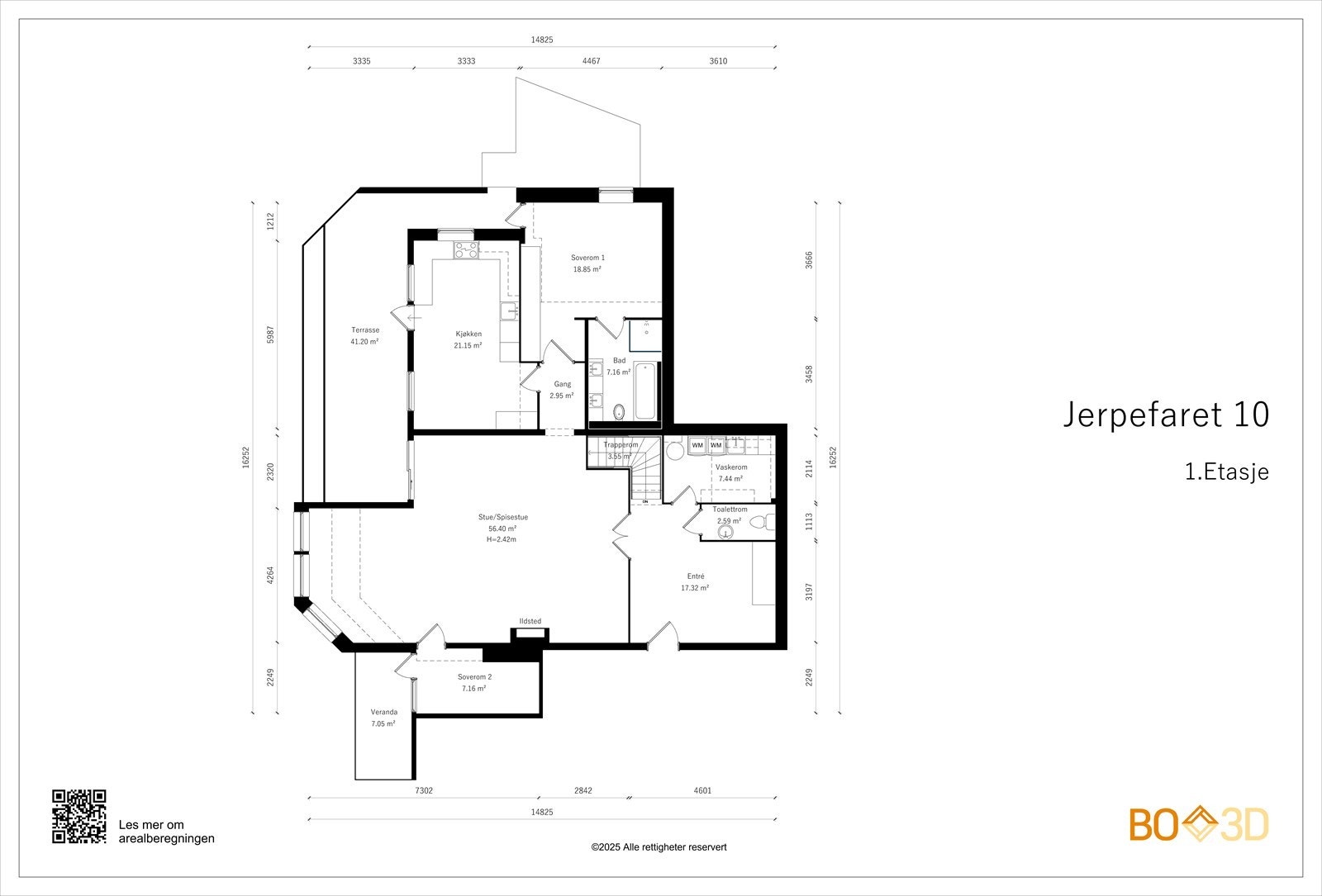 1. ETASJE: Hovedinngang, stue, spisestue, kjøkken, to soverom, baderom, vaskerom og separat toalett Galleribilde