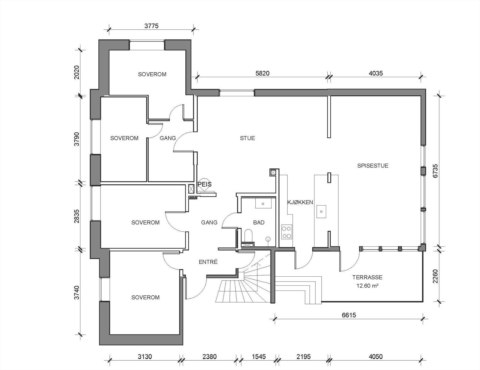 Plantegning 1. etasje. Direkte tilgang til terrasse/hage fra entré, kjøkken og spisestue Galleribilde