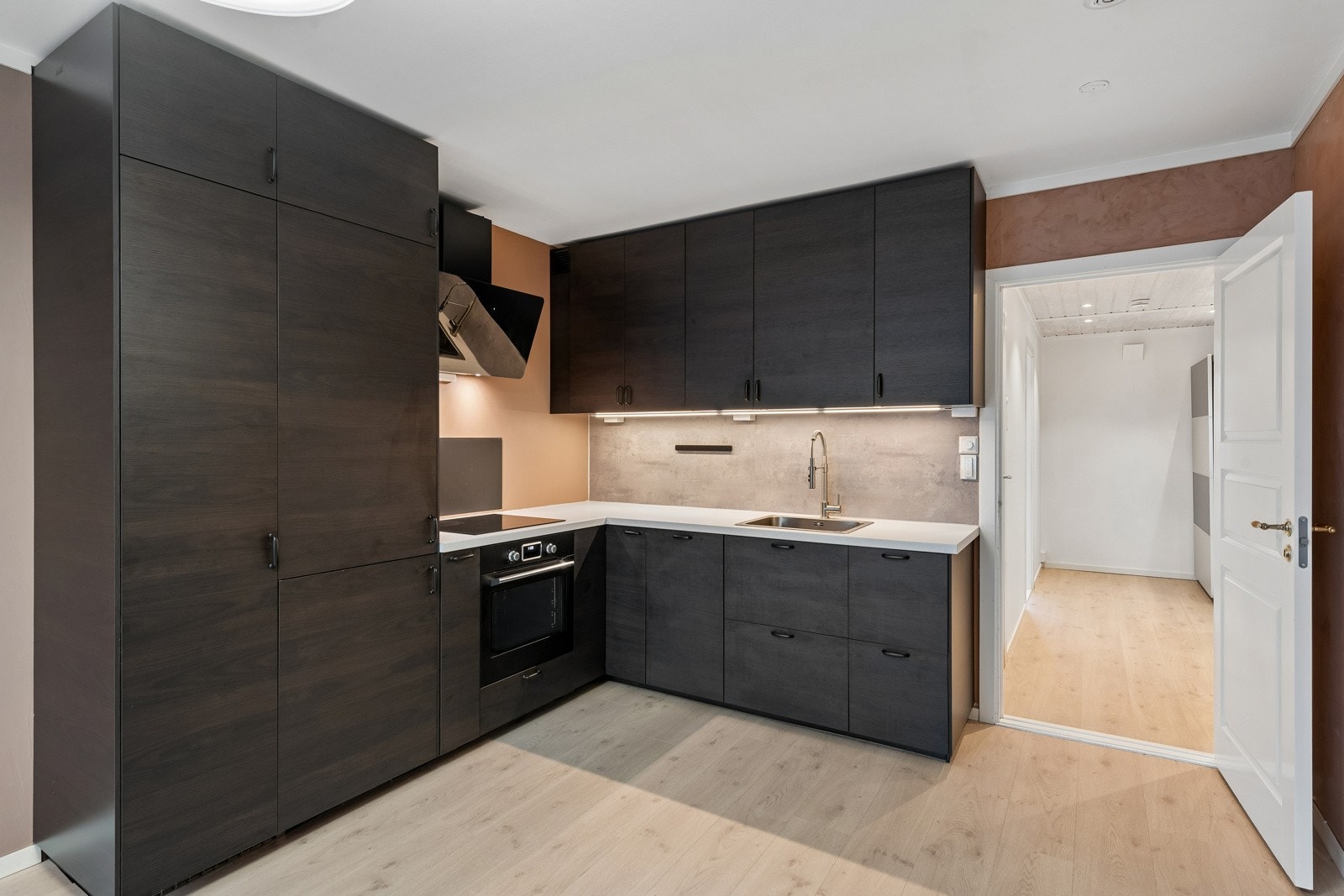 Integrert komfyr, platetopp, oppvaskmaskin og kjøl/frys. Kjøkkenventilator. Galleribilde