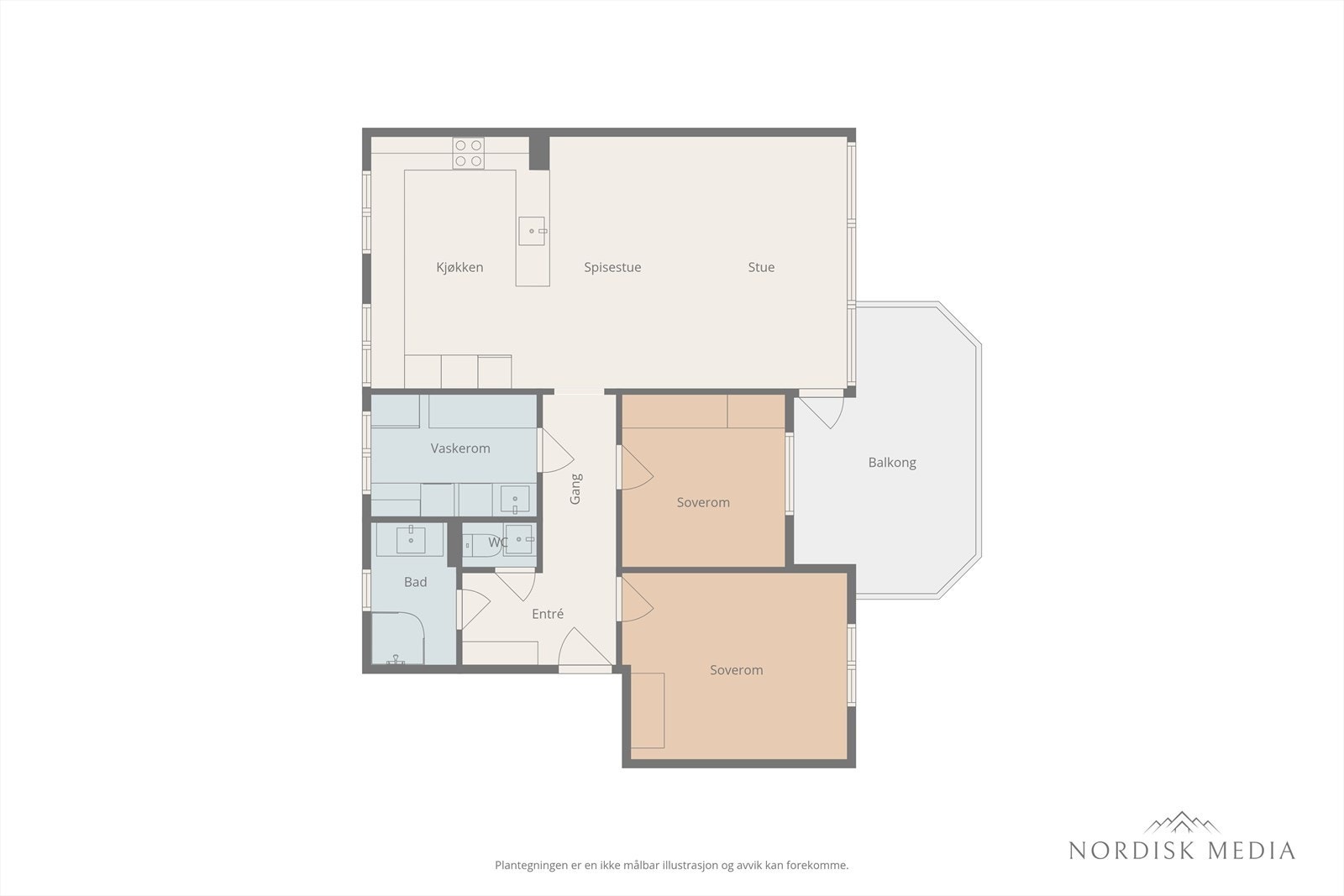 Illustrert plantegning viser en praktisk planløsning med kjøkken og stue som har direkte tilgang til en romslig balkong. Galleribilde