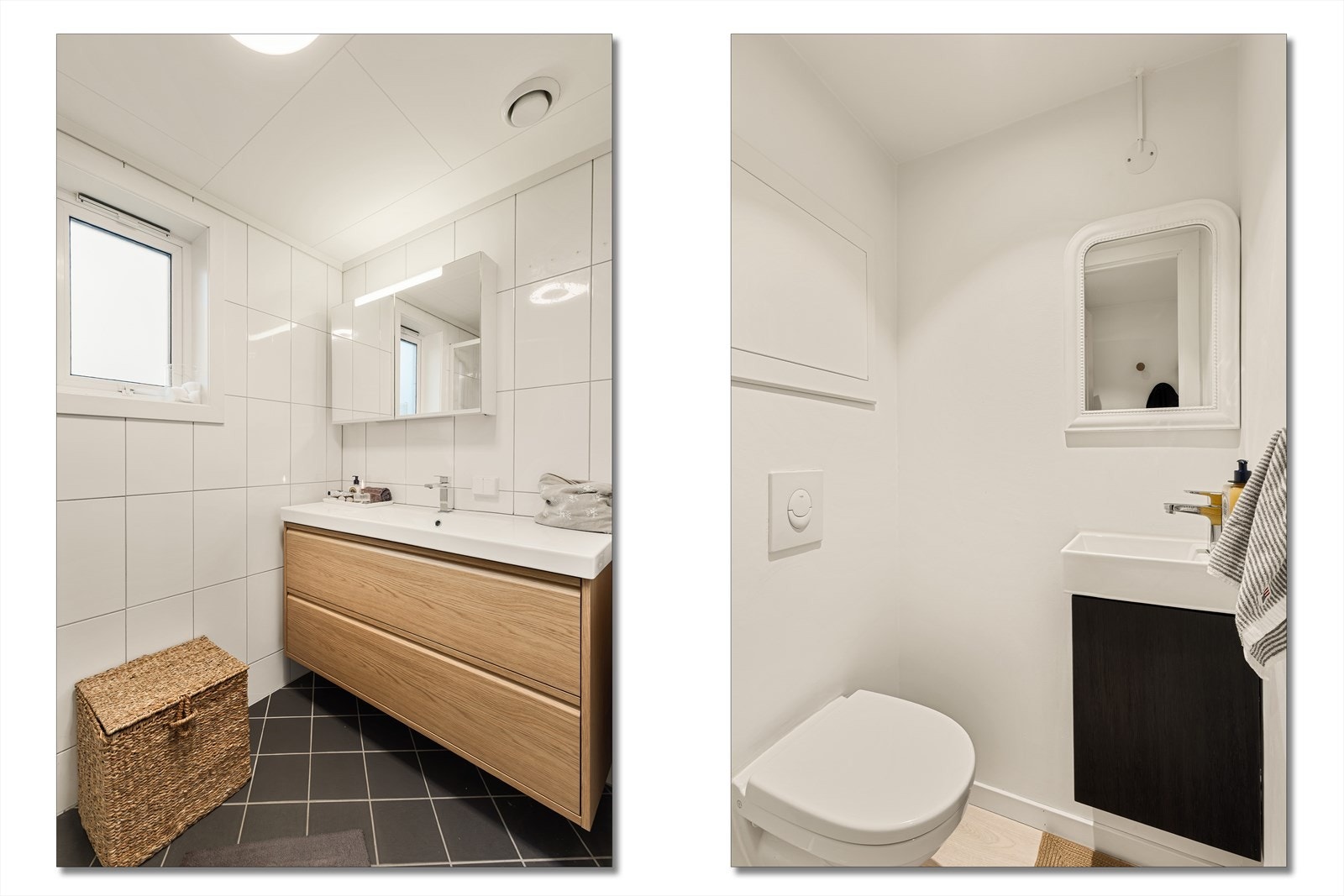 Badet har helflisede vegger, varmekabler og moderne innredning fra 2026. Galleribilde