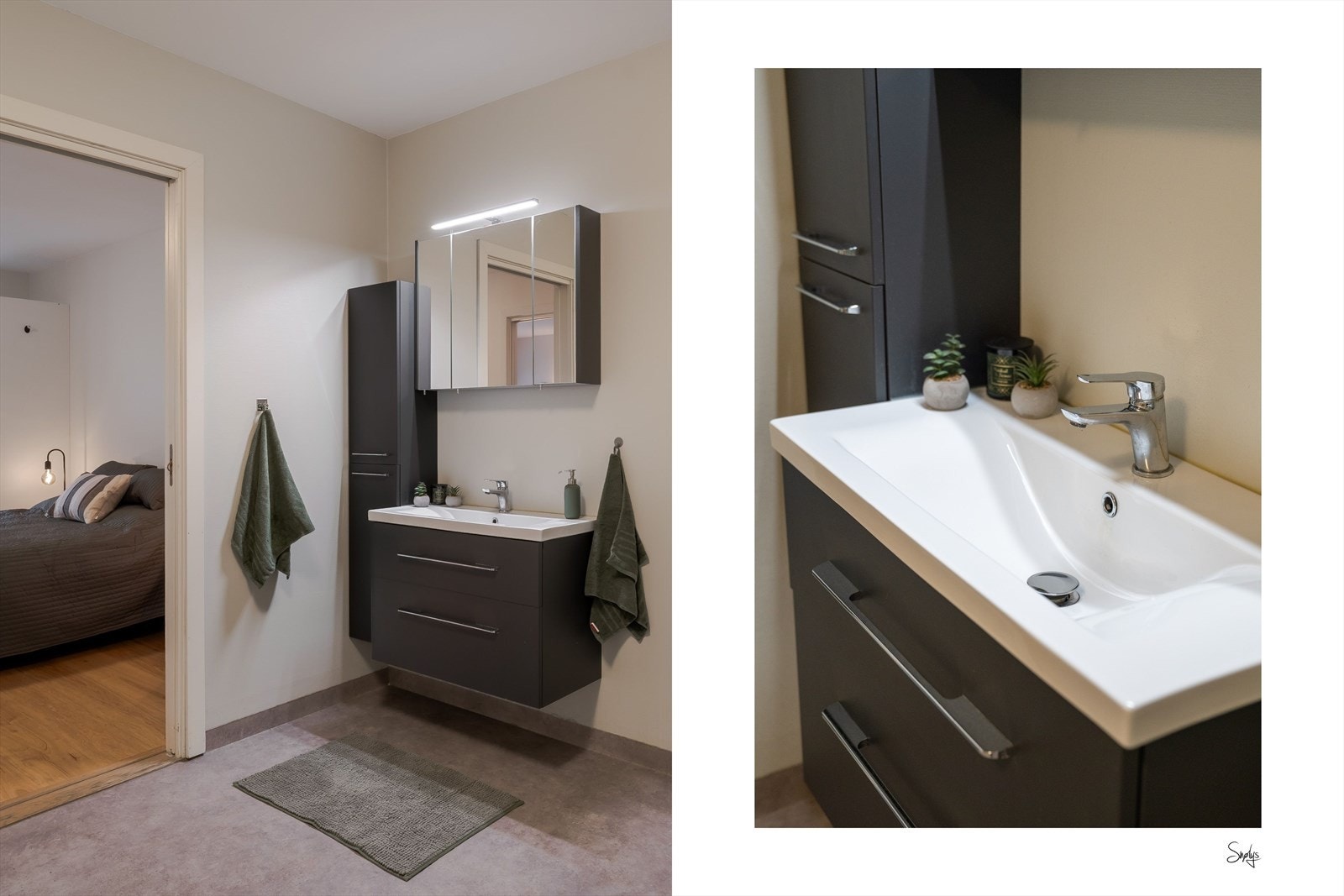 Badet har våtromsbelegg på gulv, malte strievegger og malt betonghimling. Elektrisk avtrekksventil i vegg samt varmekabler i gulv. Galleribilde