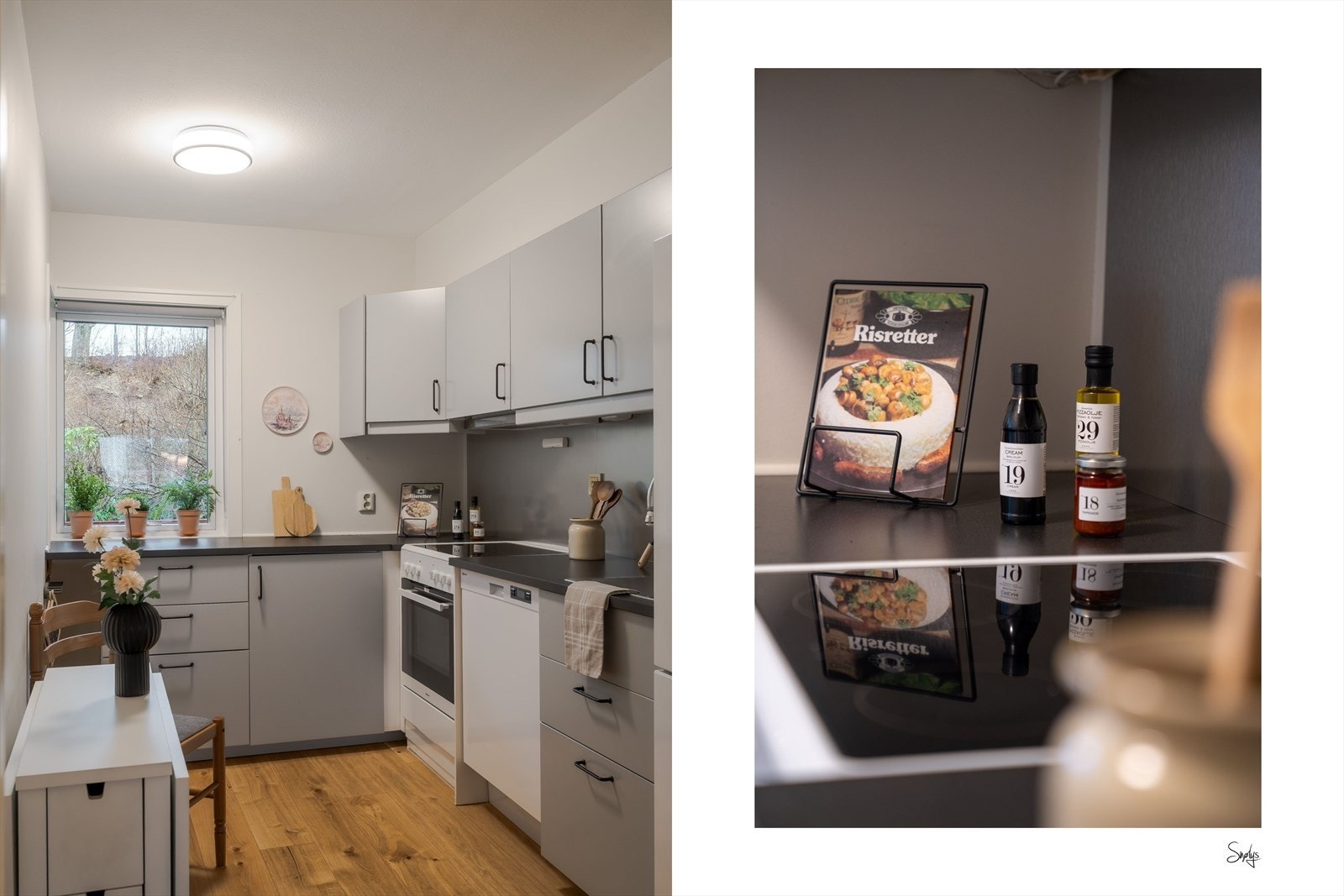 Plass til lite kjøkkenbord ved vegg og to stoler. Oppvaskmaskin og kjøleskap/frys medfølger. Galleribilde