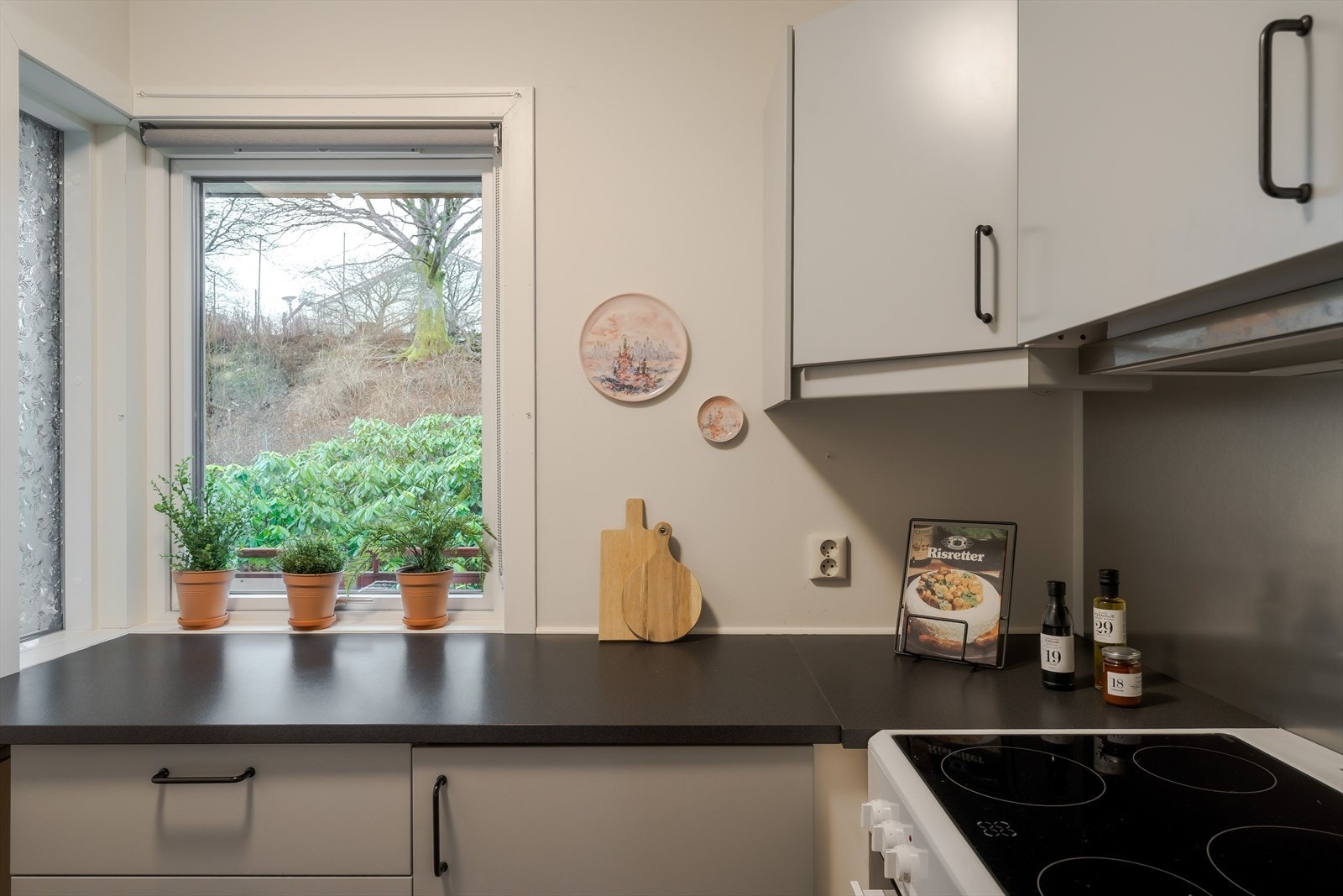 Kjøkkenet er utstyrt med ventilator og har opplegg for oppvaskmaskin. Over deler av benkeplaten er det montert kitchen boards som gir en praktisk og lettstelt overflate. Komfyrvakt og vannsensor er installert for økt sikkerhet. Galleribilde