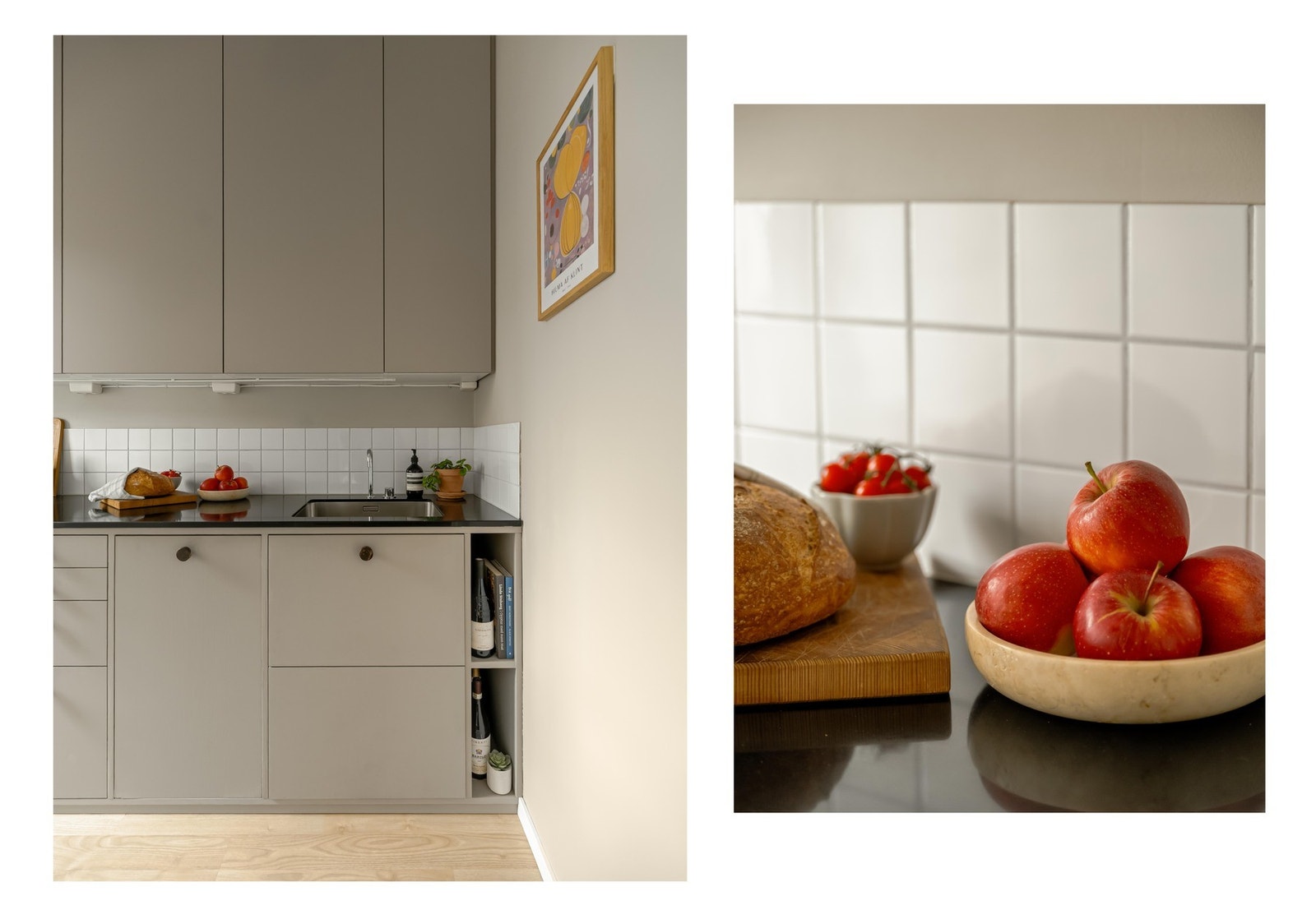 Innredningen består av frittstående komfyr, kjøkkenvask, integrert kjøleskap/fryser og oppvaskmaskin. Galleribilde