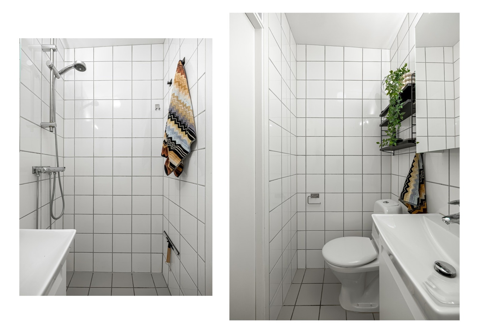 Det er innredet med dusjhjørne, toalett og servant med speilskap. Borettslaget har også et stort og kostnadsfritt fellesvaskeri. Galleribilde