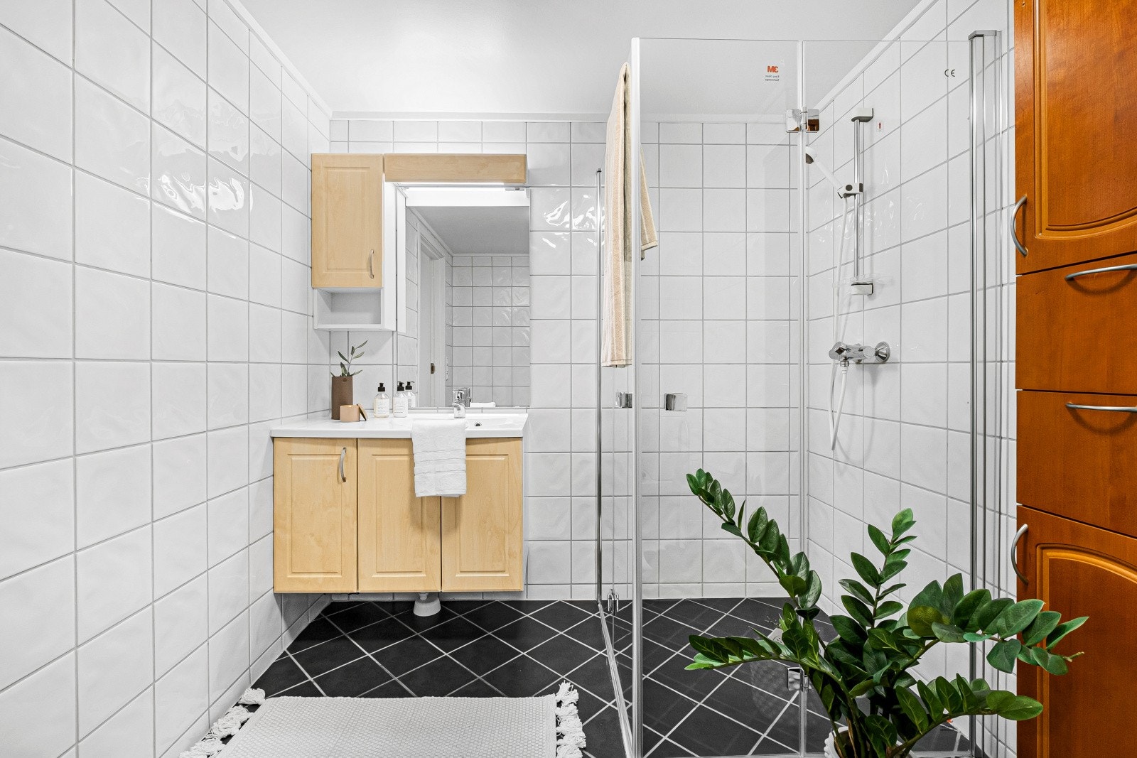 Rommet er utstyrt med dusjhjørne med praktiske, innfellbare glassvegger Galleribilde