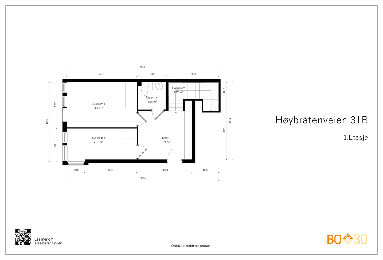 Planløsningen i første etasje inkluderer to soverom, entré og flislagt toalettrom. Galleribilde