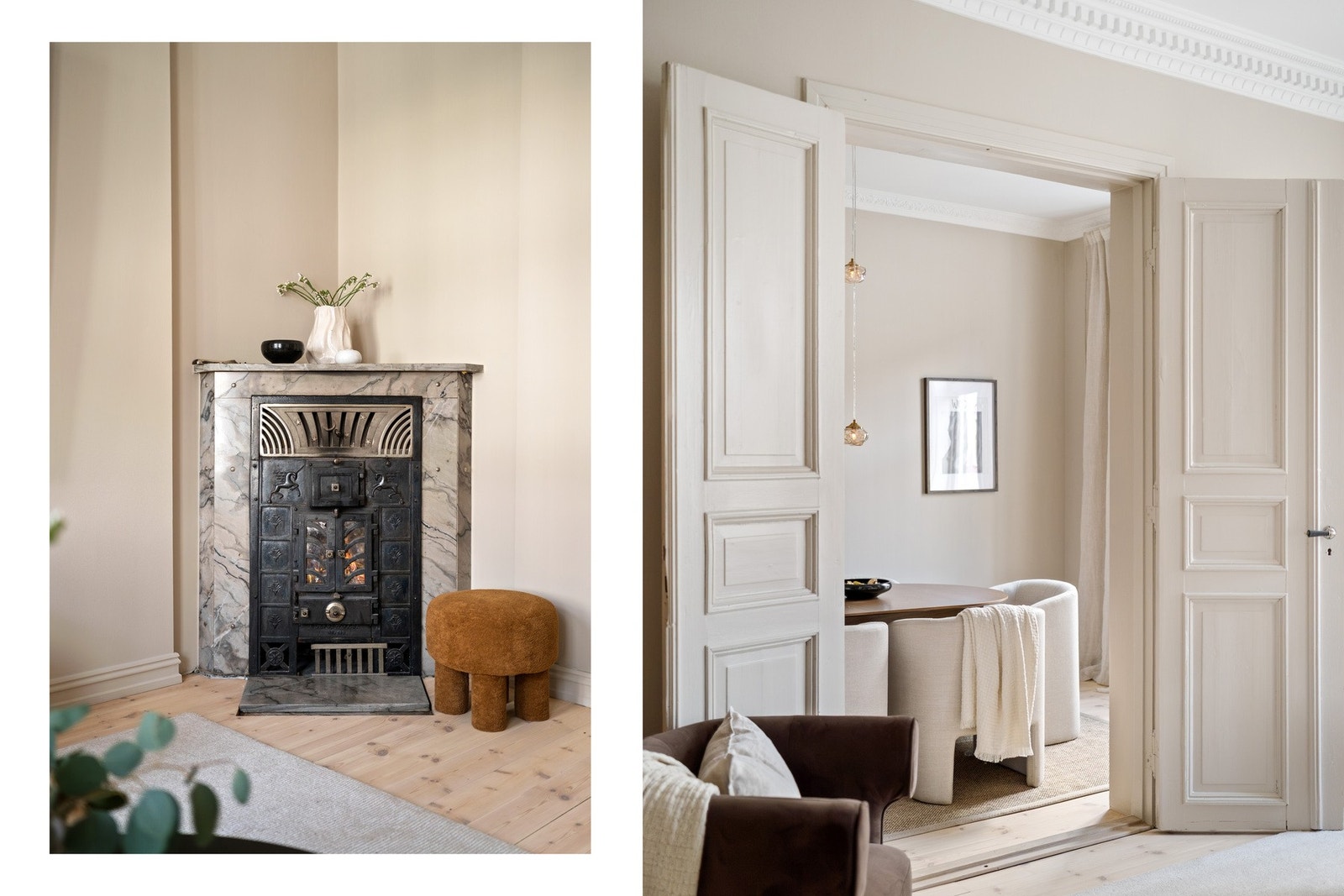 Leiligheten har lekre og klassiske detaljer med blant annet stukkatur og doble fløydører. Galleribilde