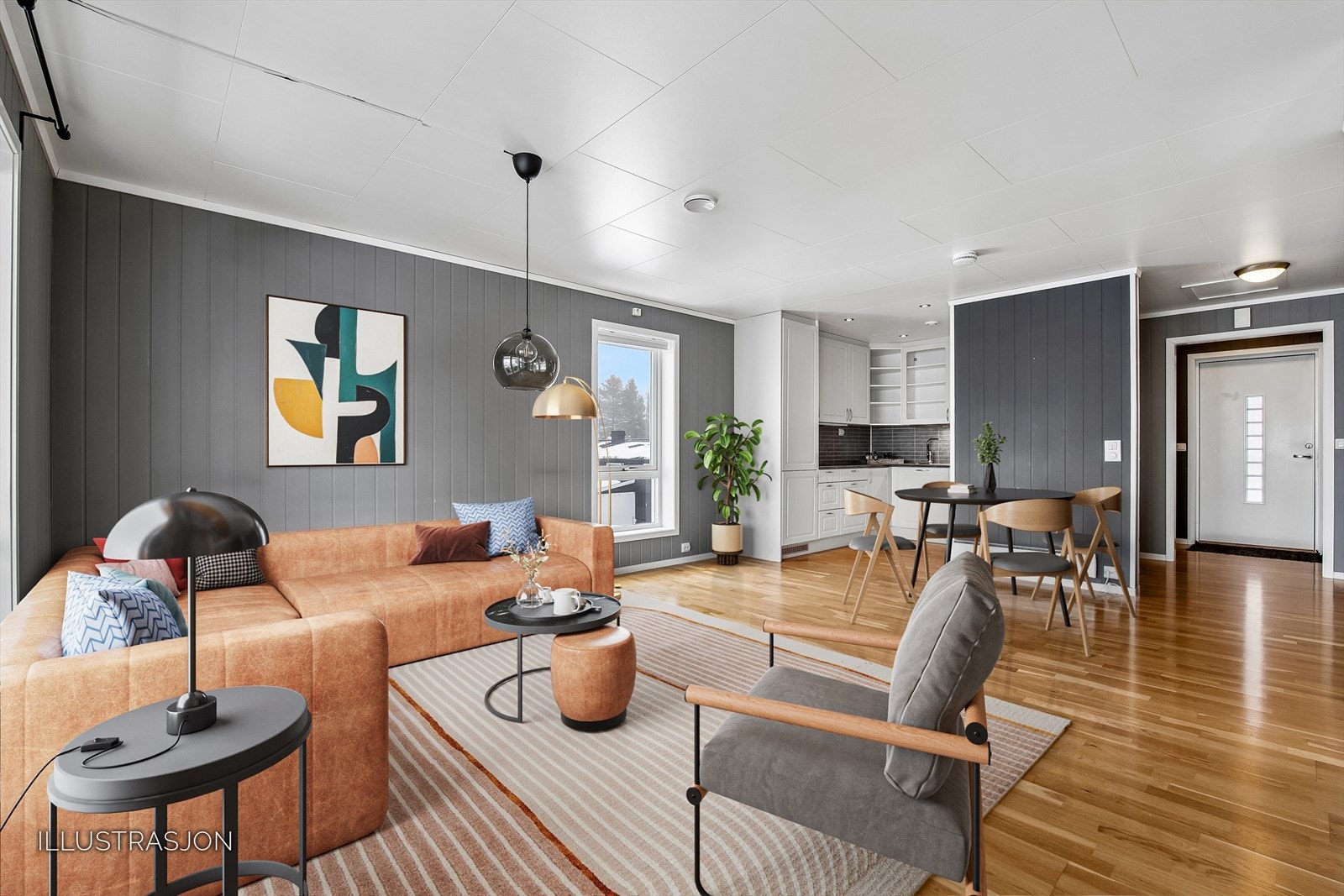 Romslig og lekker leilighet med fin beliggenhet i andre etasje! Bildet er digitalt møblert, som illustrasjon av mulighetene i stue/ spisestue. Galleribilde