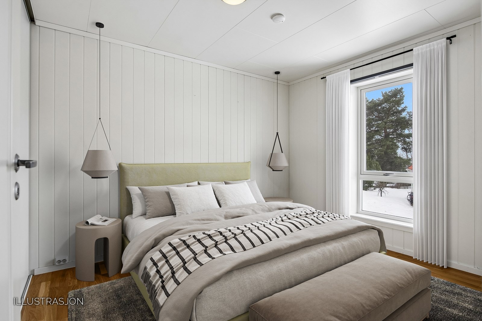 Hovedsoverommet har god plass til dobbeltseng og tilhørende møblement. (Illustrasjon) Galleribilde