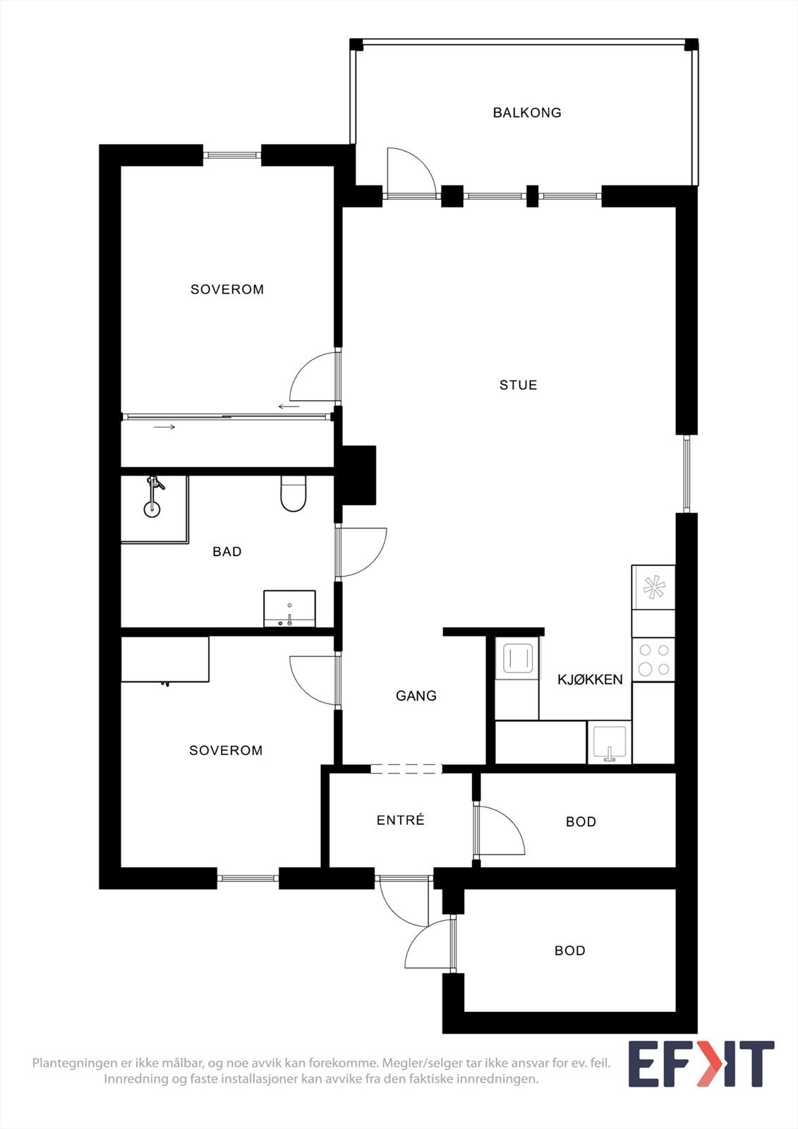 Leiligheten har en arealeffektiv planløsning med to soverom og åpen stue-kjøkkenløsning. Galleribilde