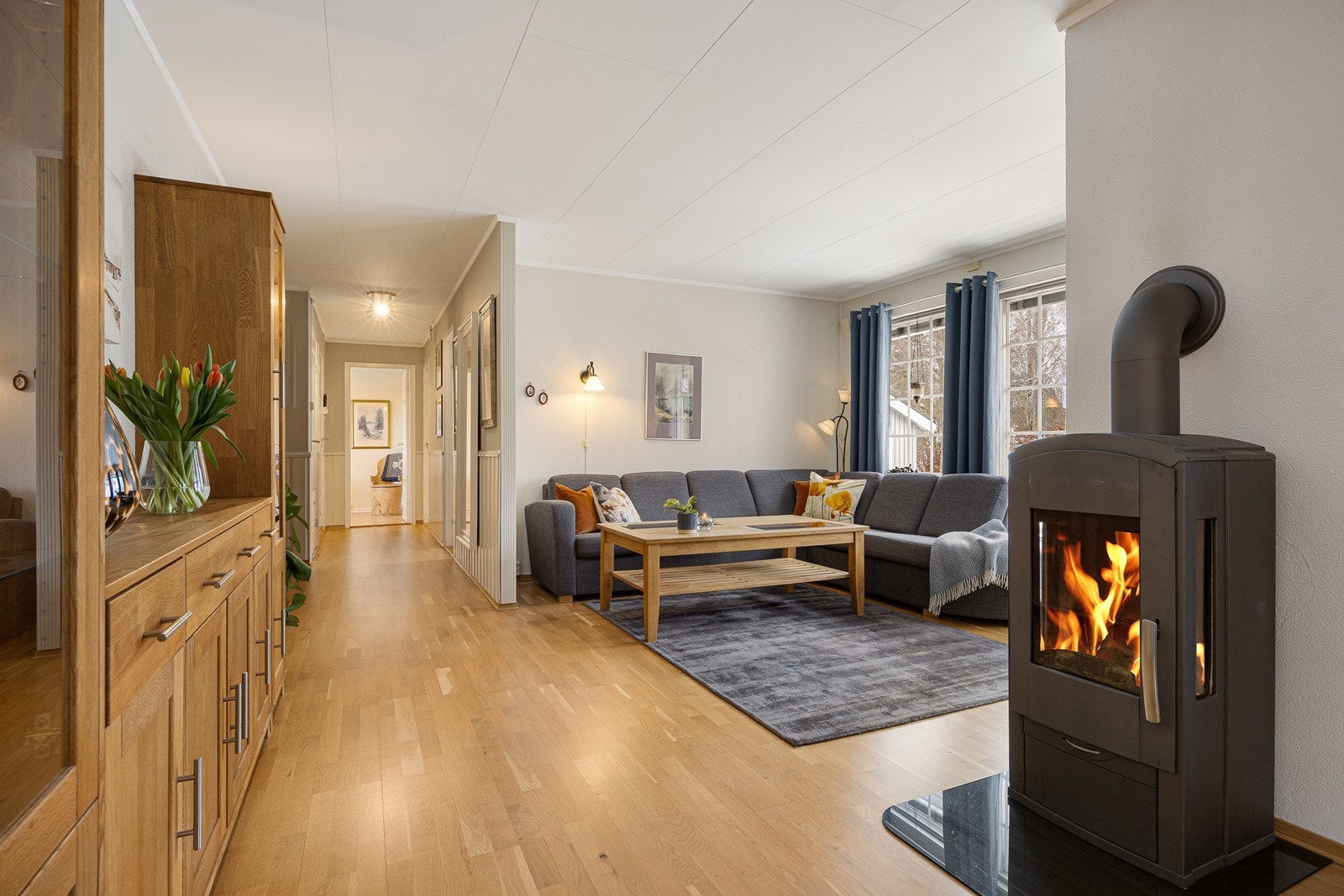 Med både peisovn og varmepumpe får man det lunt og godt i stuen Galleribilde