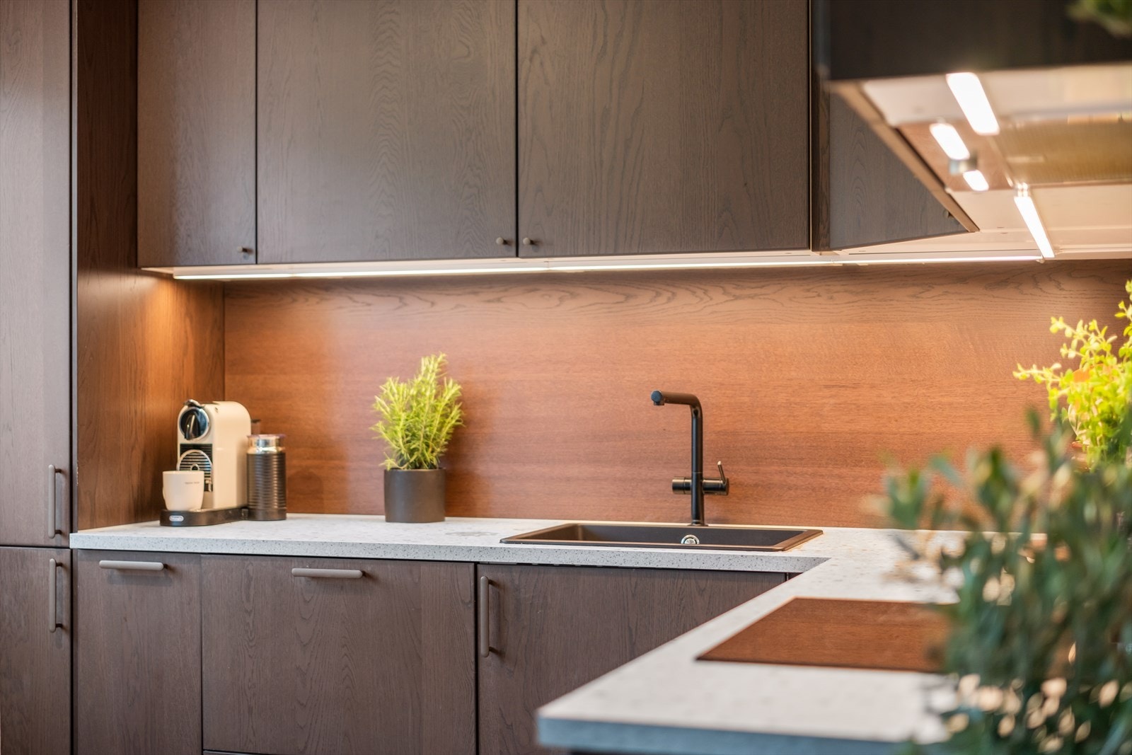 Kjøkkenet er velutstyrt med integrert stekeovn, oppvaskmaskin, platetopp og kombiskap. Galleribilde