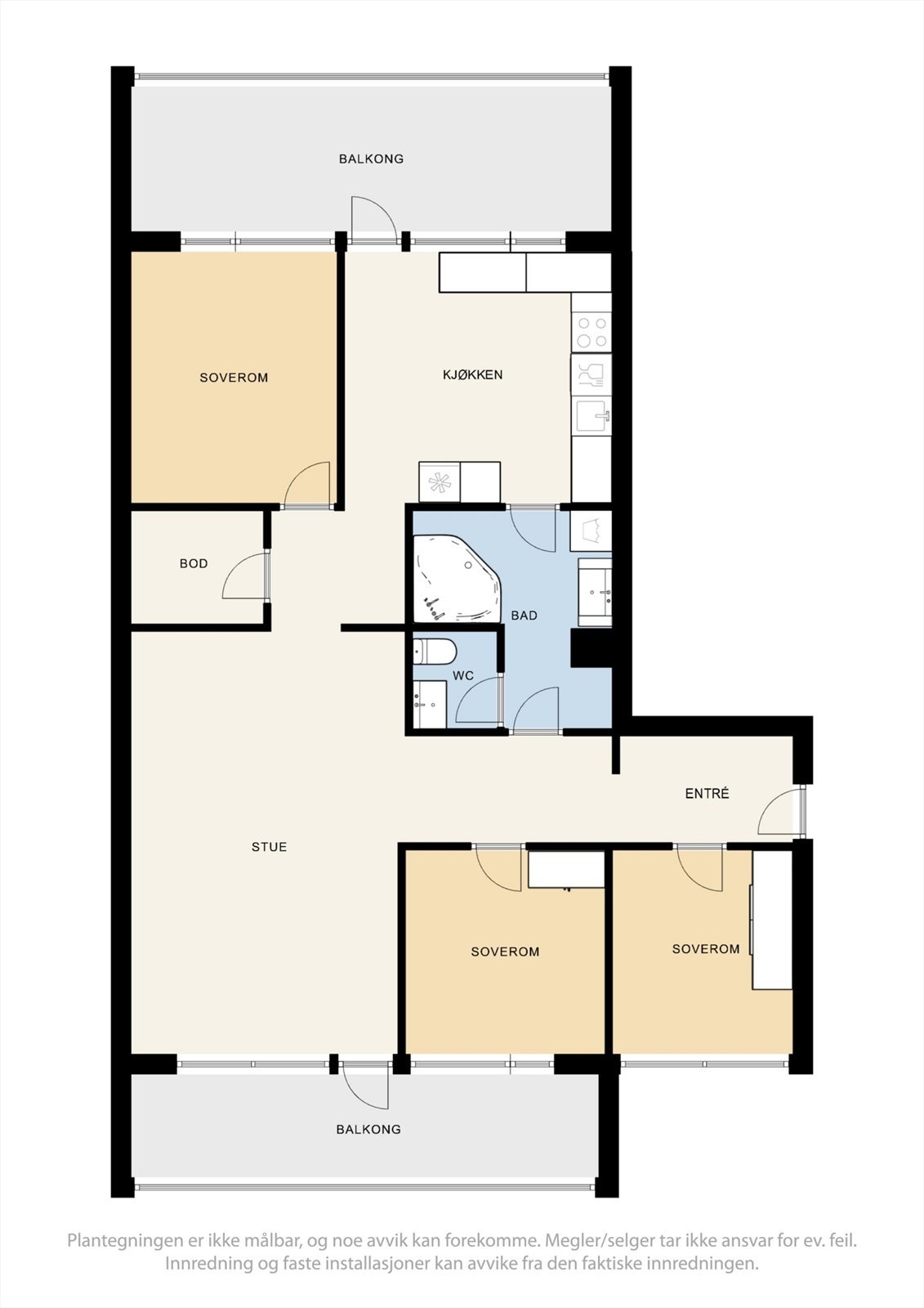 Leiligheten har en funksjonell planløsning på 96 m² med tre soverom, separat kjøkken og stue. Galleribilde