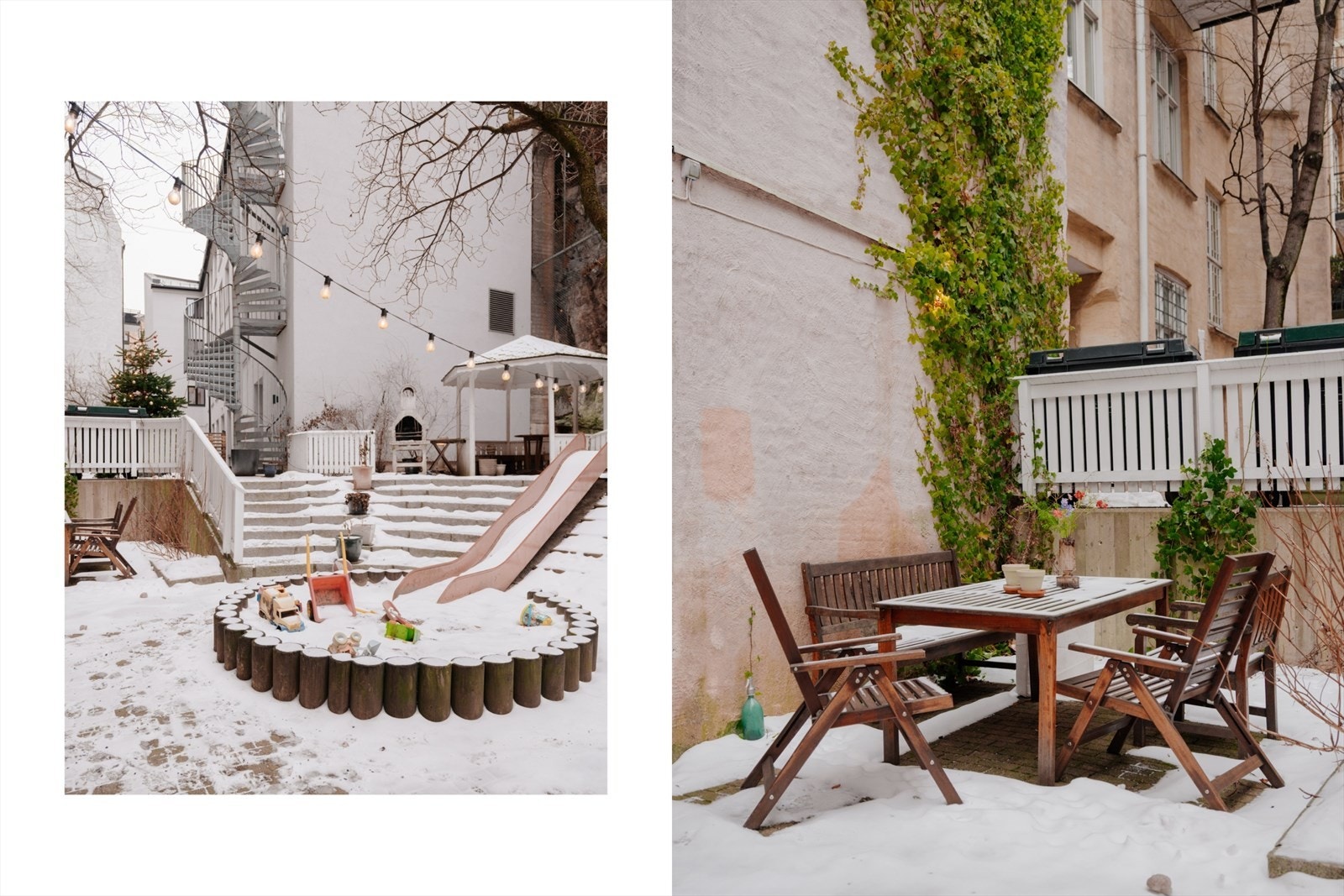 Flotte omgivelser med lekeområder, sitteplasser, pergola, sykkelstativ m.m. Galleribilde