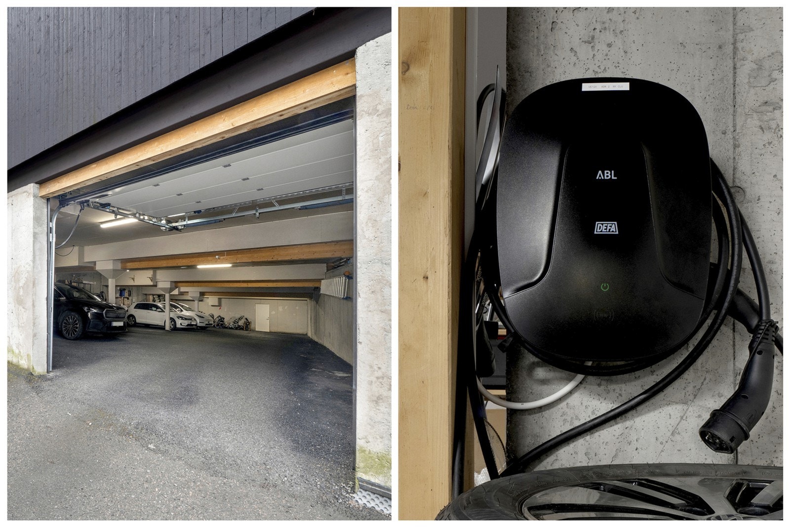 Boligen har to tilhørende parkeringsplasser med elbilladere i felles parkeringskjeller. Galleribilde