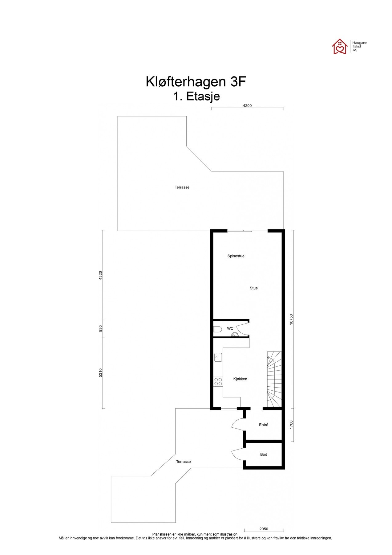 Planløsning for første etasje på ca. 41 kvm. Boligen har i tillegg terrasser på totalt ca. 85 kvm og en utebod på ca 5kvm. Galleribilde